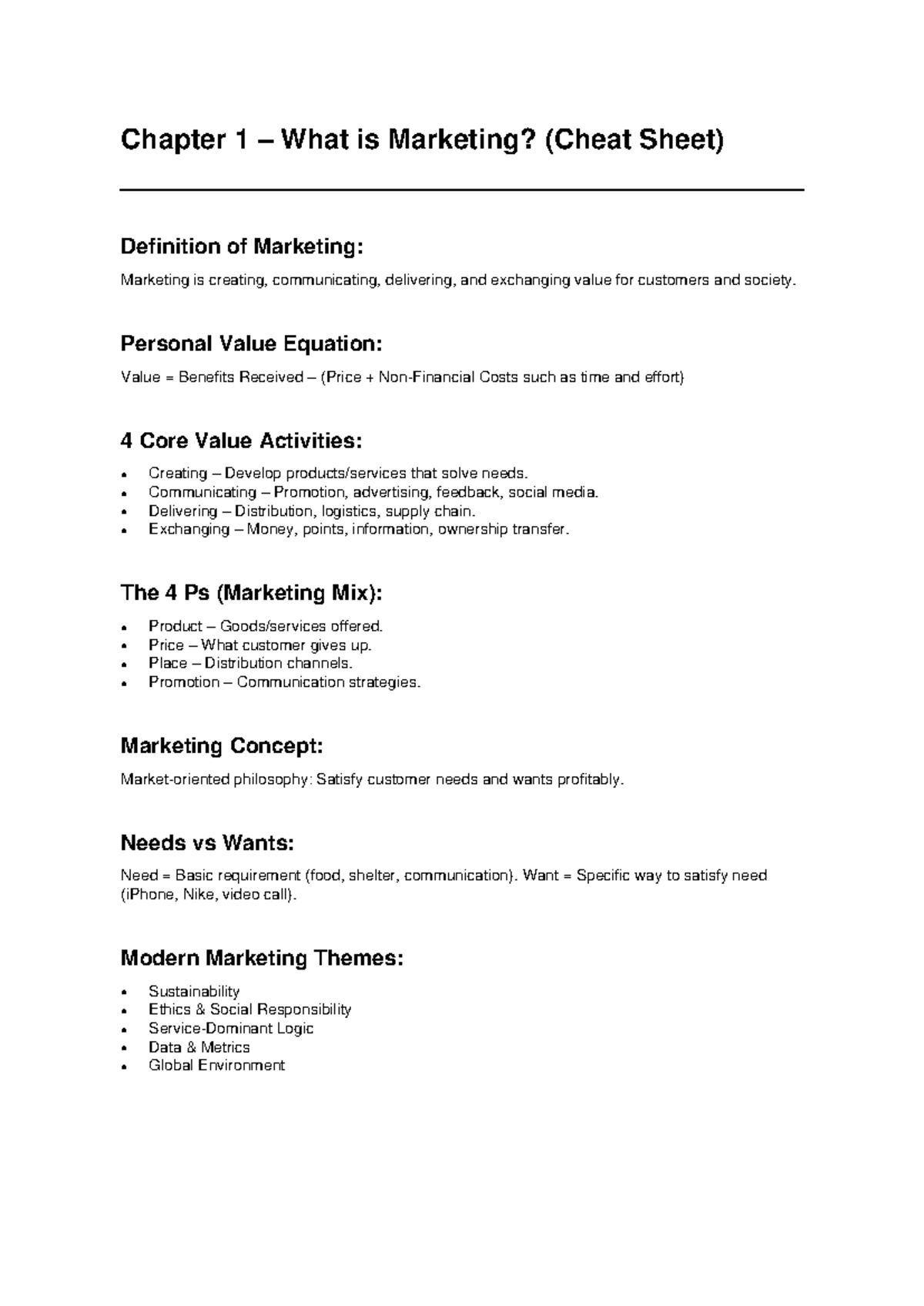 Chapter 1 Marketing Overview Cheat Sheet (MKT101) - Studocu