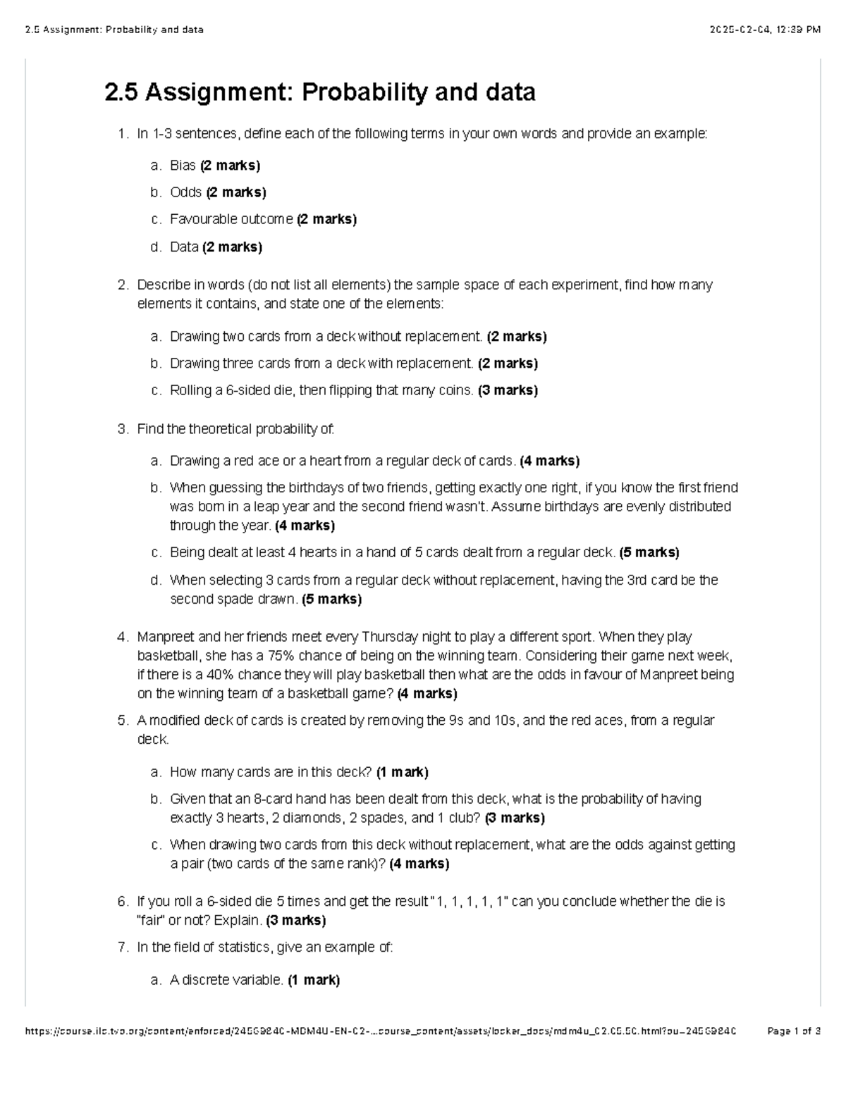 MDM4U-02.5: Assignment on Probability and Data Principles - Studocu