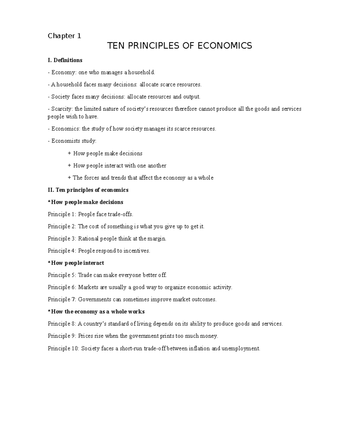 Chapter 1 Principles - Chapter 1 TEN PRINCIPLES OF ECONOMICS I ...