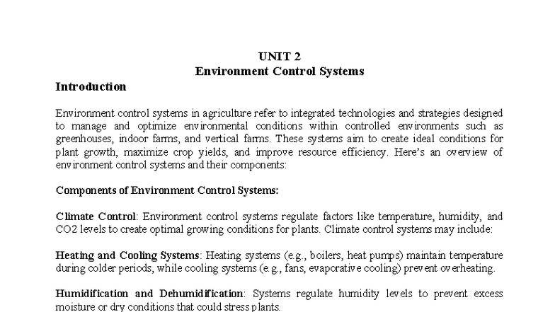 UNIT 2: Overview of Environment Control Systems in Agriculture - Studocu