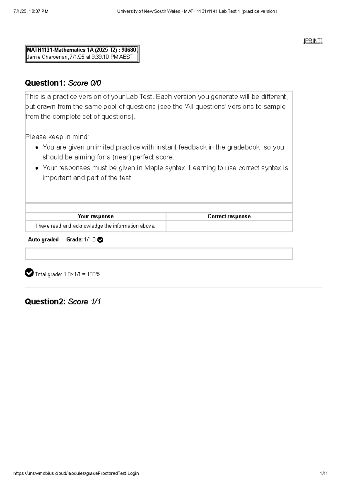 University of New South Wales - MATH1131 Lab Test 1 (Practice Version ...