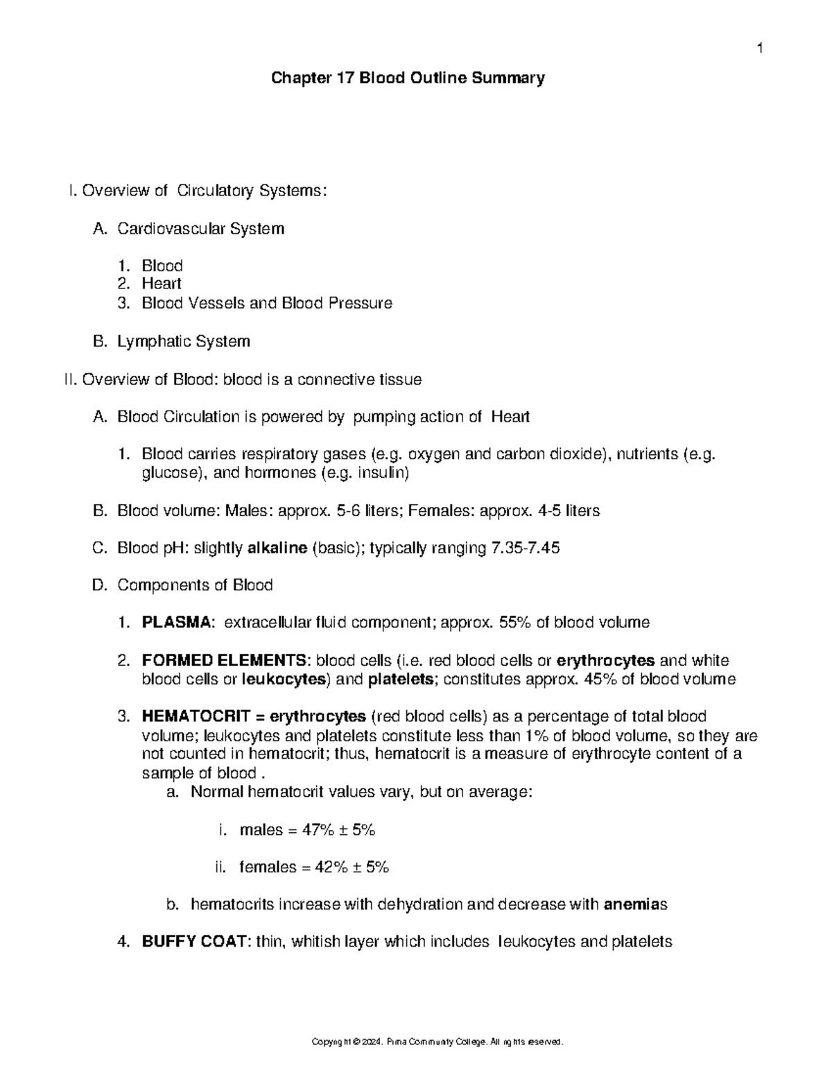 Chapter 17 Blood Overview and Function Summary - Pima Community College ...