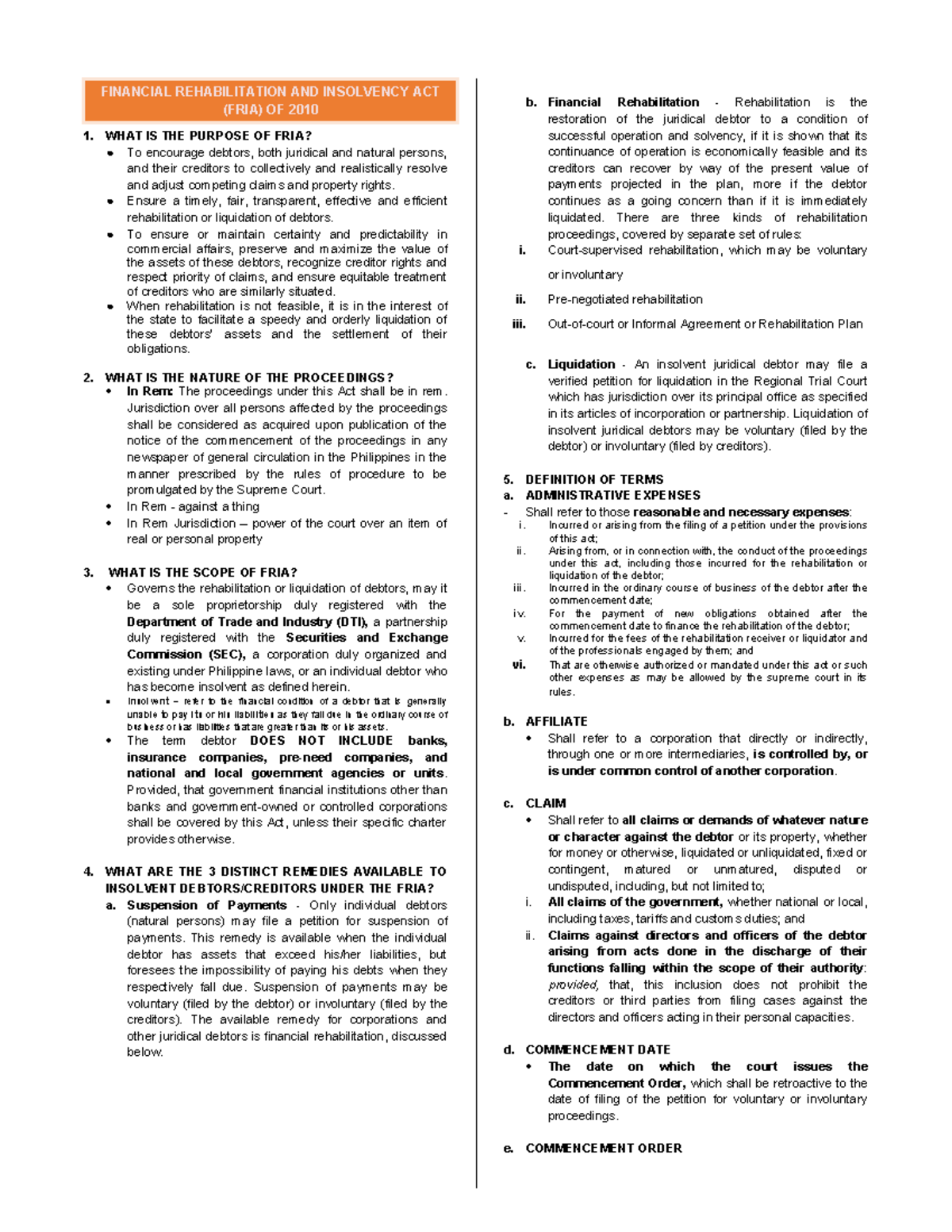 Guide Questions 4 - Notes on RFBT Law Subjects - 1. WHAT IS THE PURPOSE ...
