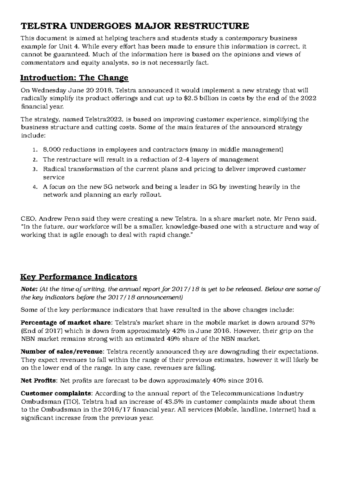 Telstra Case Study 2021: Restructuring and Impact Analysis for Unit 4 ...