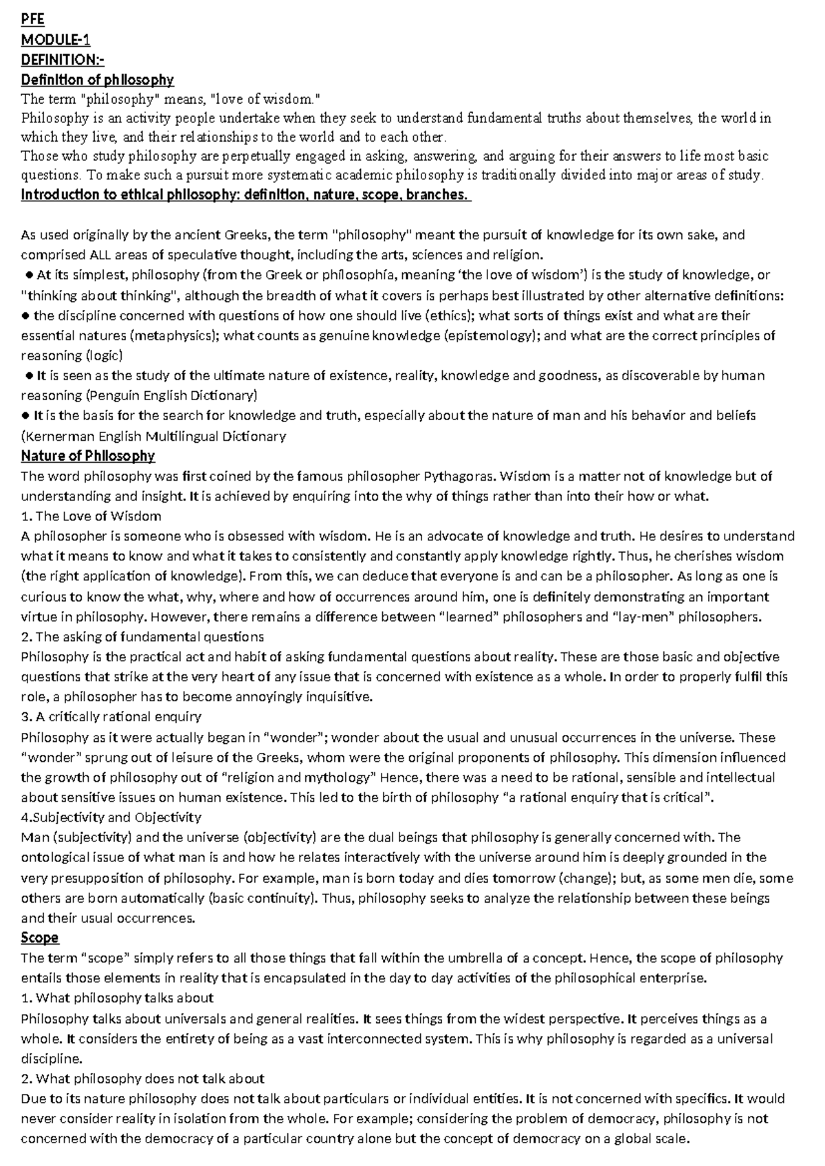 PFE Module: Key Notes on Professional Ethics and Philosophy Essentials ...
