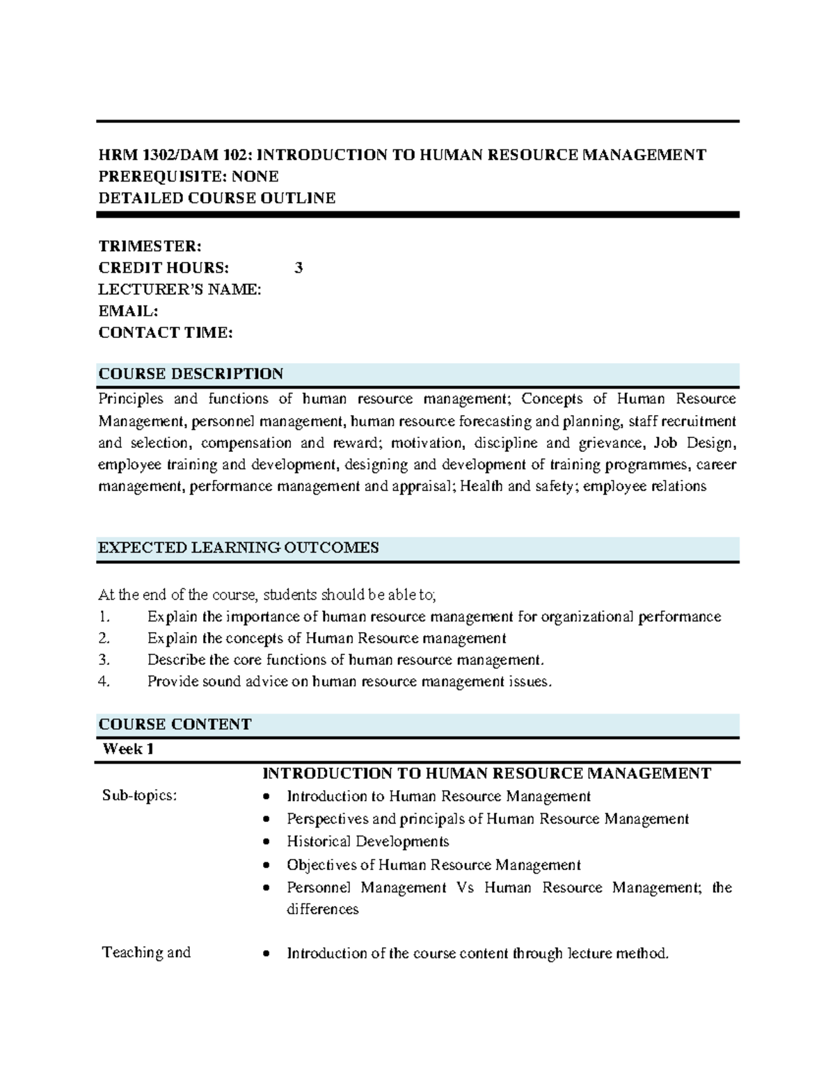 HRM 102: Comprehensive Syllabus for Human Resource Management - Studocu