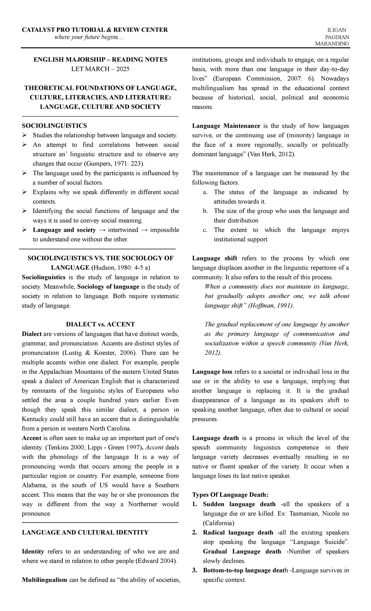 ENGL 101: Language, Culture, and Society - Reading Notes for 2025 - Studocu