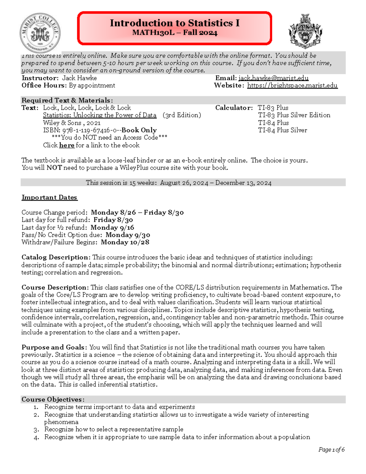 Introduction to Statistics I Syllabus MATH130L Fall 2024 Online - Studocu
