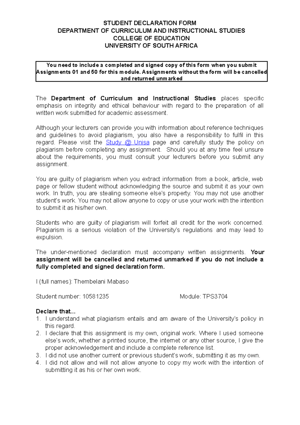 TPS3704: Assignment 1 - Student Declaration and Lesson Plan on ...