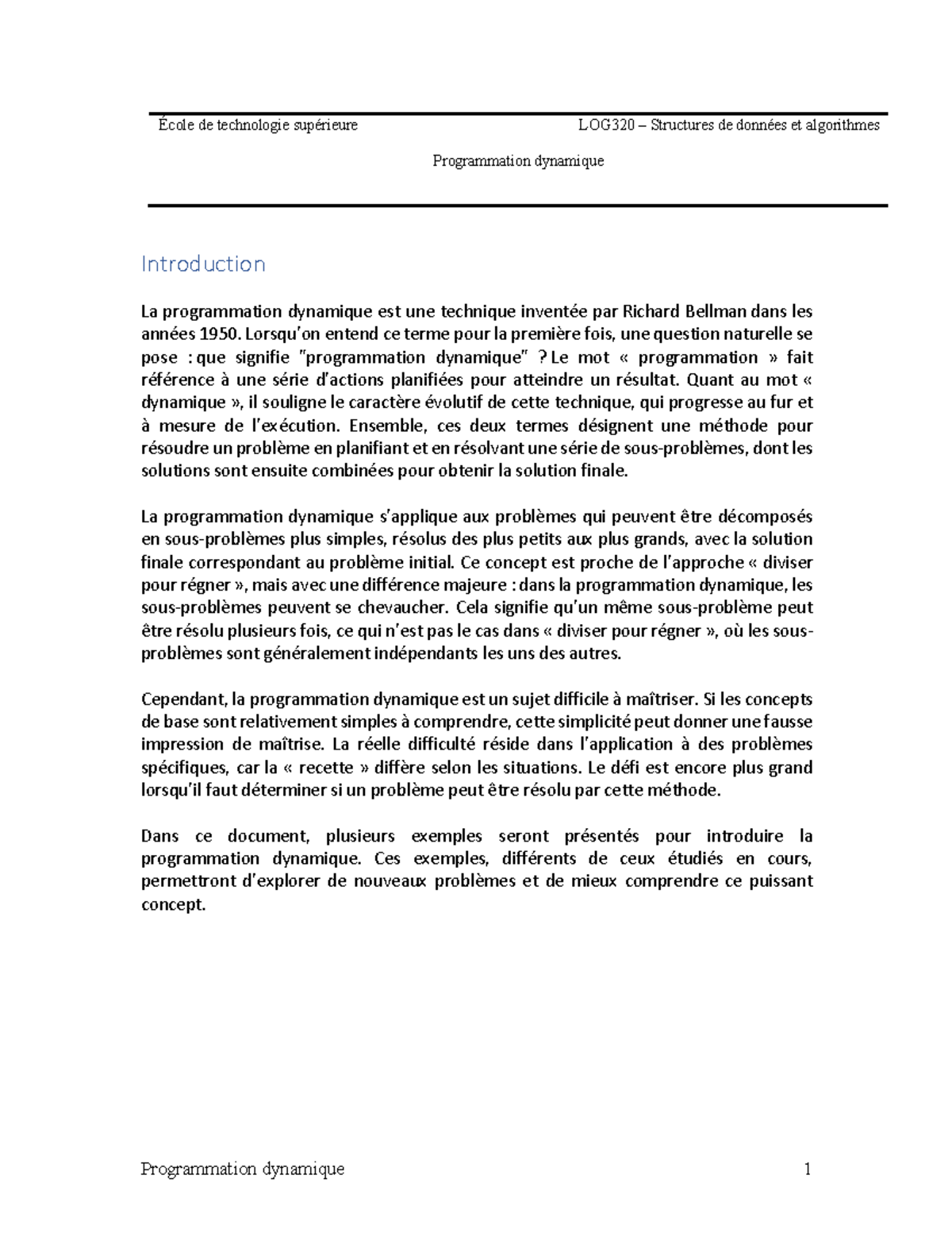 LOG320 Notes de cours sur la Programmation Dynamique et Algorithmes ...