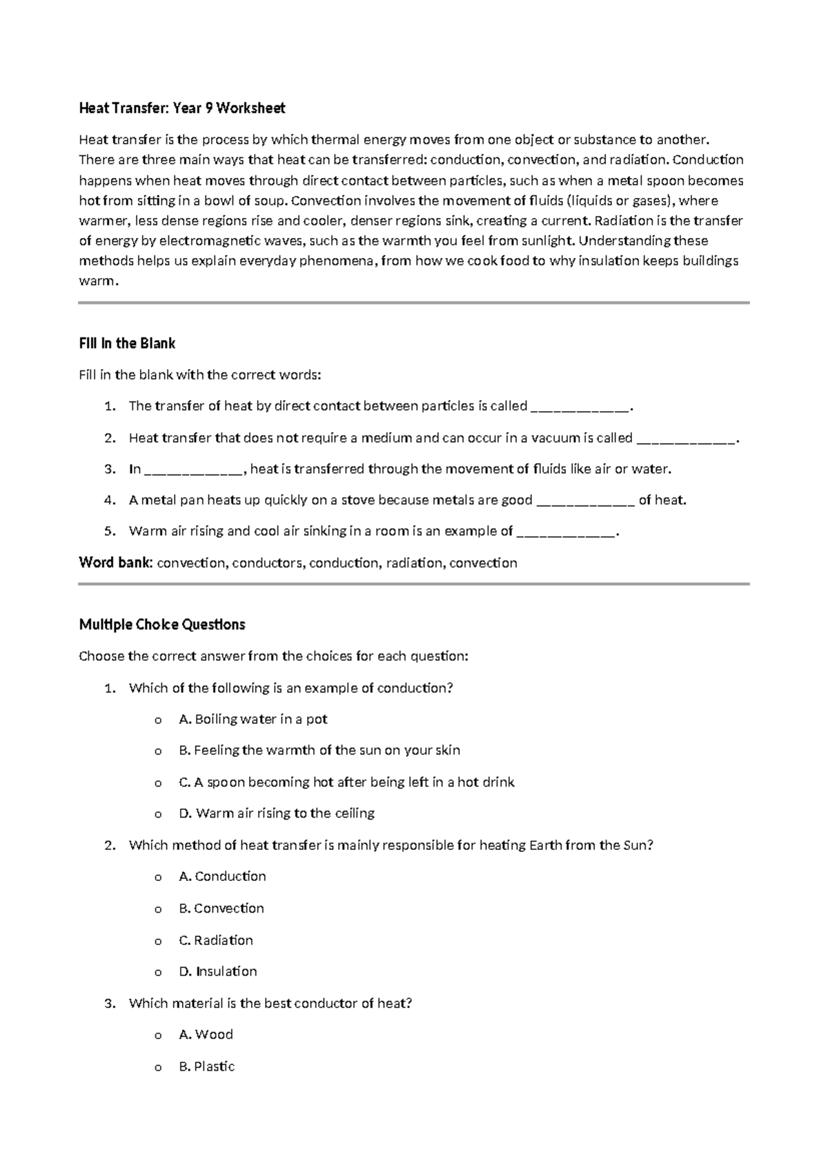 Heat Transfer: Year 9 Worksheet on Conduction, Convection, and ...