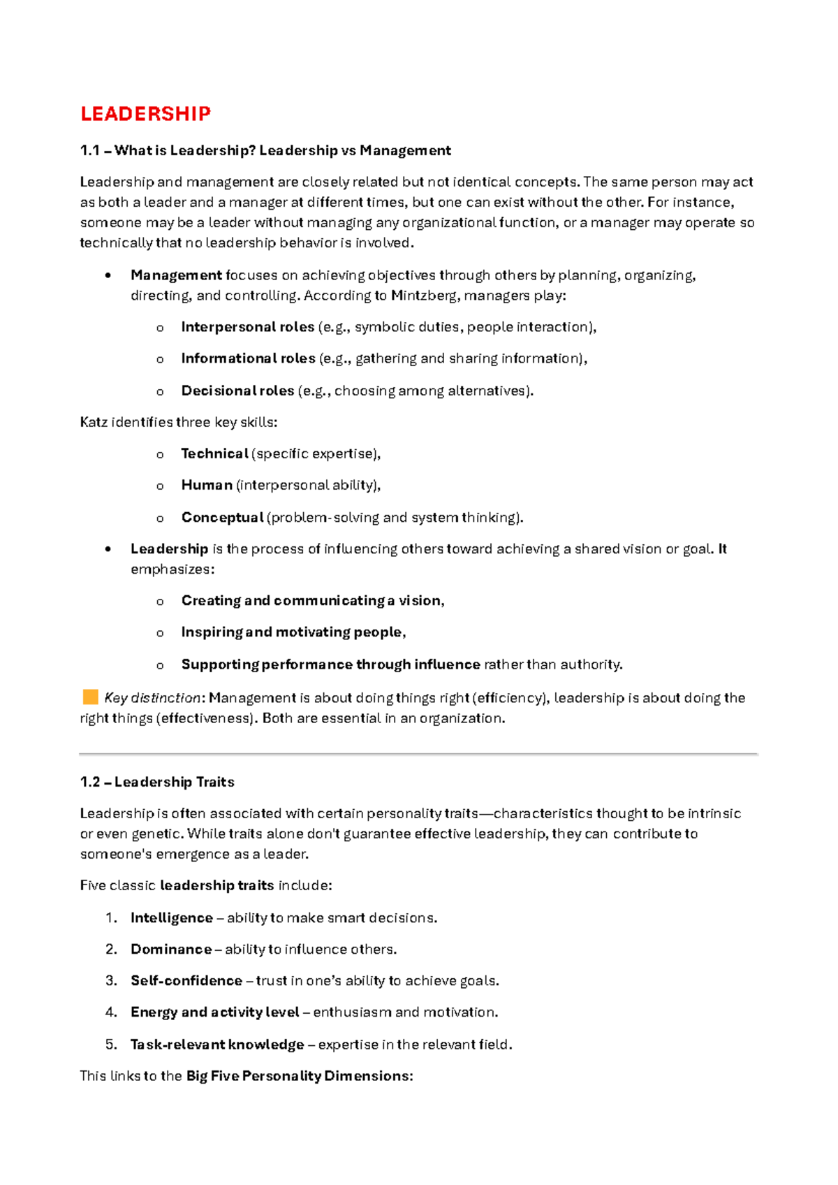 Leadership Concepts and Theories Summary (LEAD 101) - Studocu