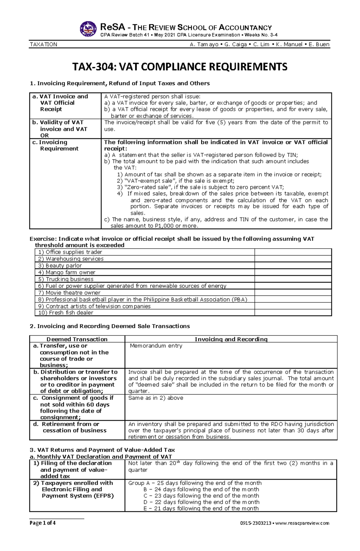 TAX-304: VAT Compliance Requirements - CPALE Reviewer Notes - Studocu