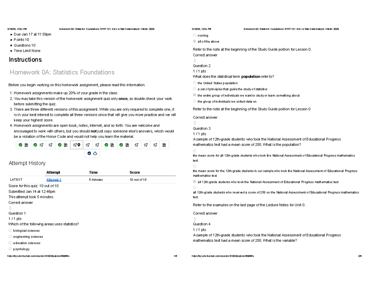 Homework 0A: STAT 121 - Foundations of Statistics: Winter 2026 - Studocu