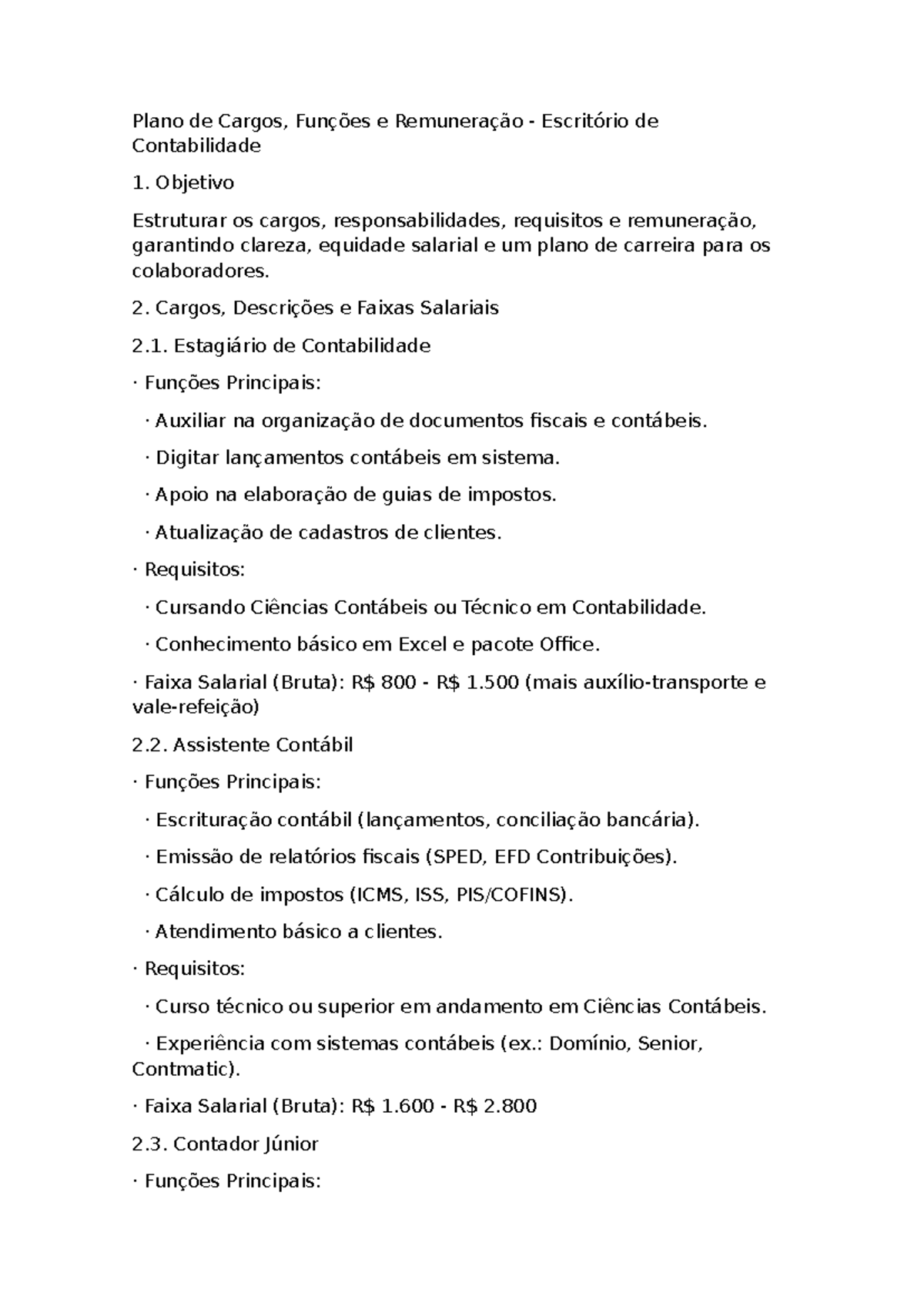 Plano de Cargos e Funções - Escritório de Contabilidade - Studocu