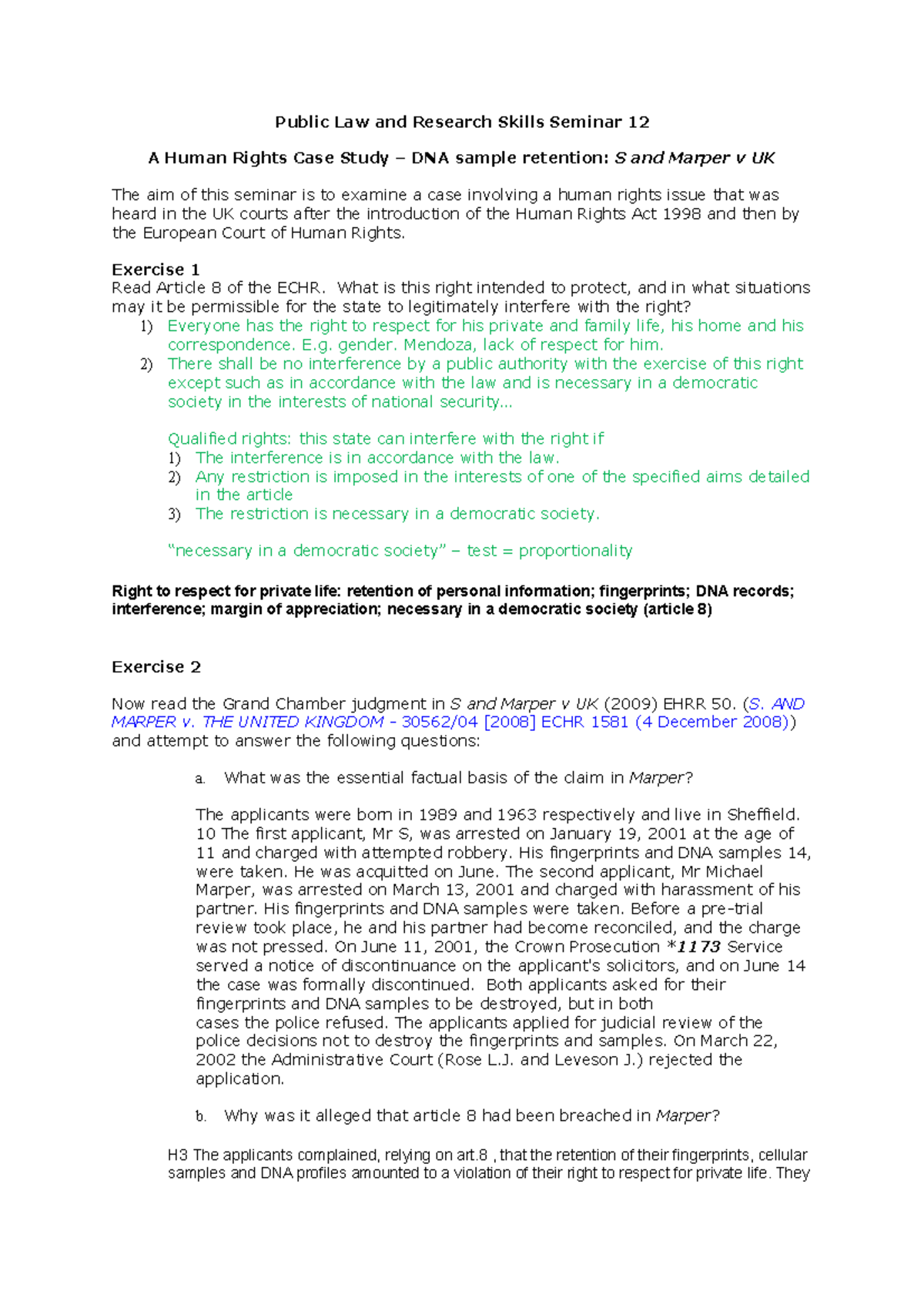 Public Law Seminar 12: Human Rights Case Study - S and Marper v UK ...