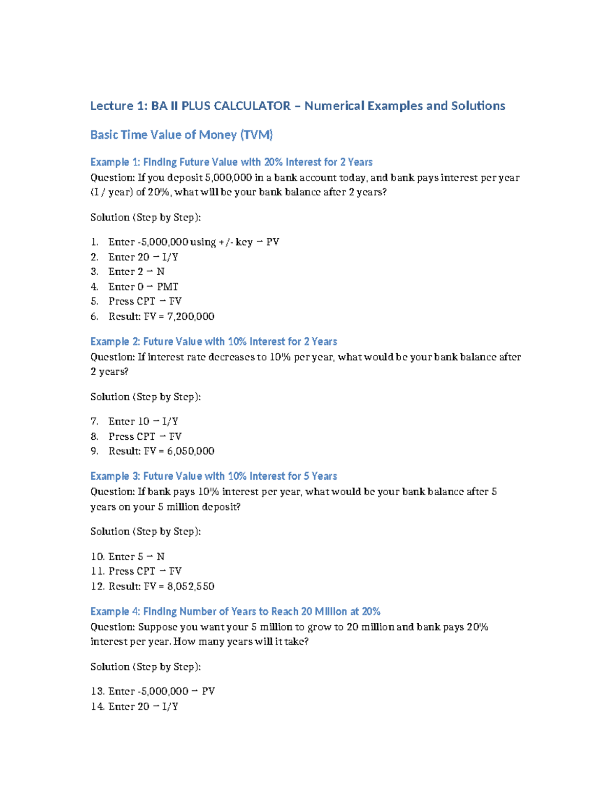 Lecture 1: BA II PLUS TVM Numerical Examples and Solutions - Studocu