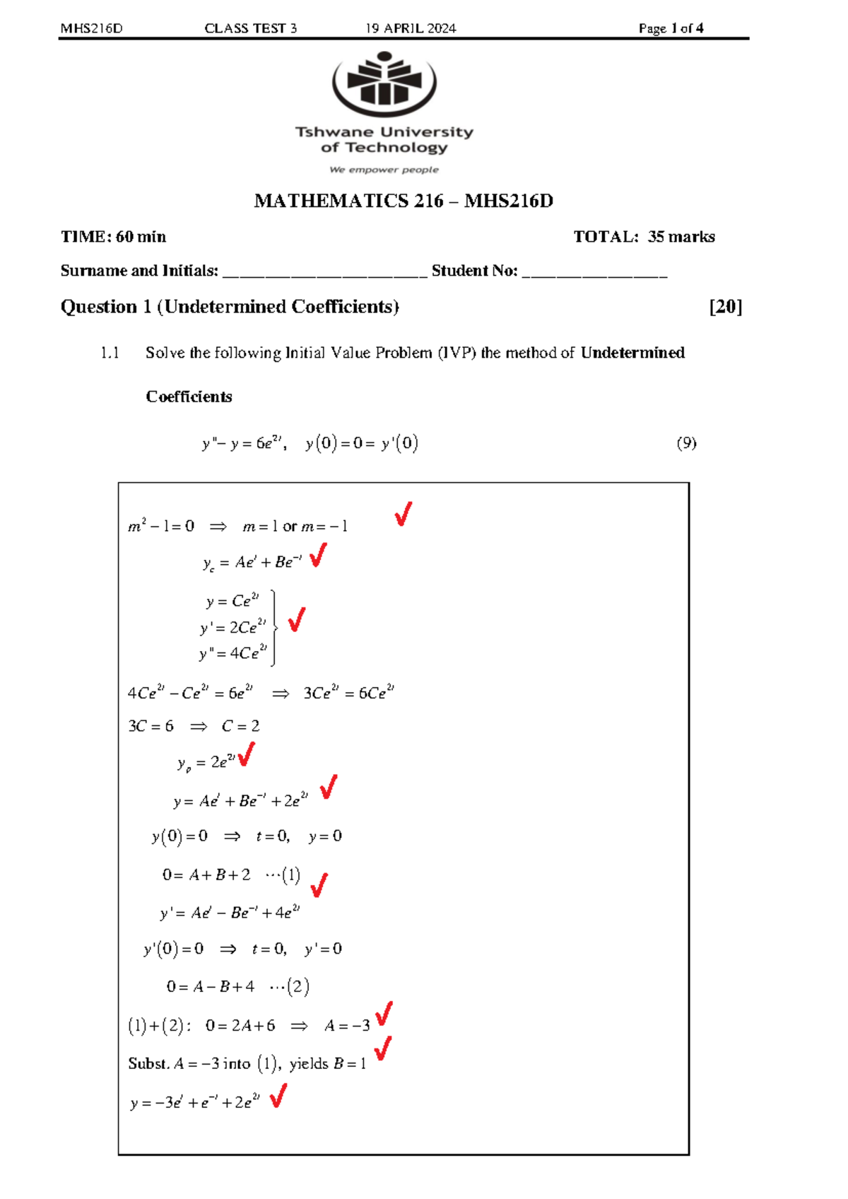 MHS216D Final Exam Memo - Practice Questions and Solutions - Studocu