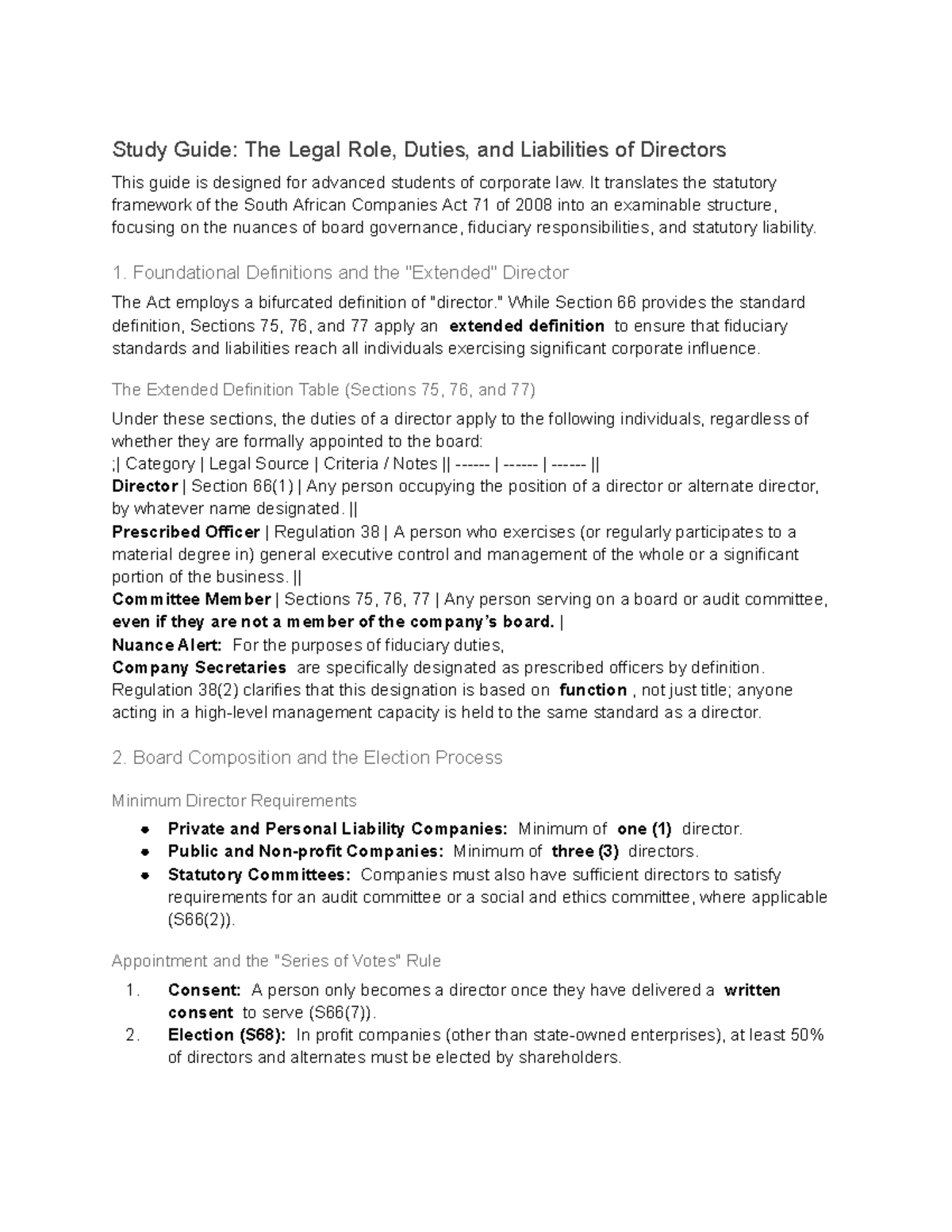 Study Guide: Legal Role, Duties & Liabilities of Directors (Corporate ...