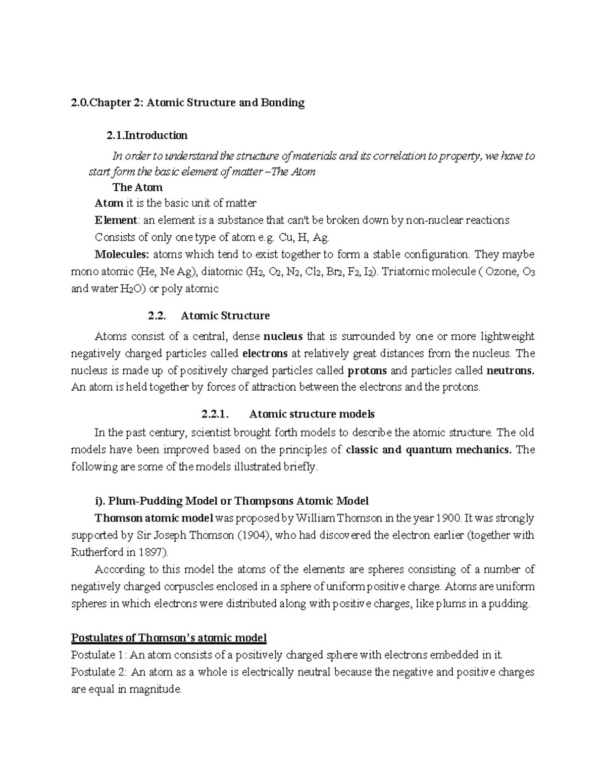 2.0CL Chapter 2: Atomic Structure and Bonding Overview - Studocu