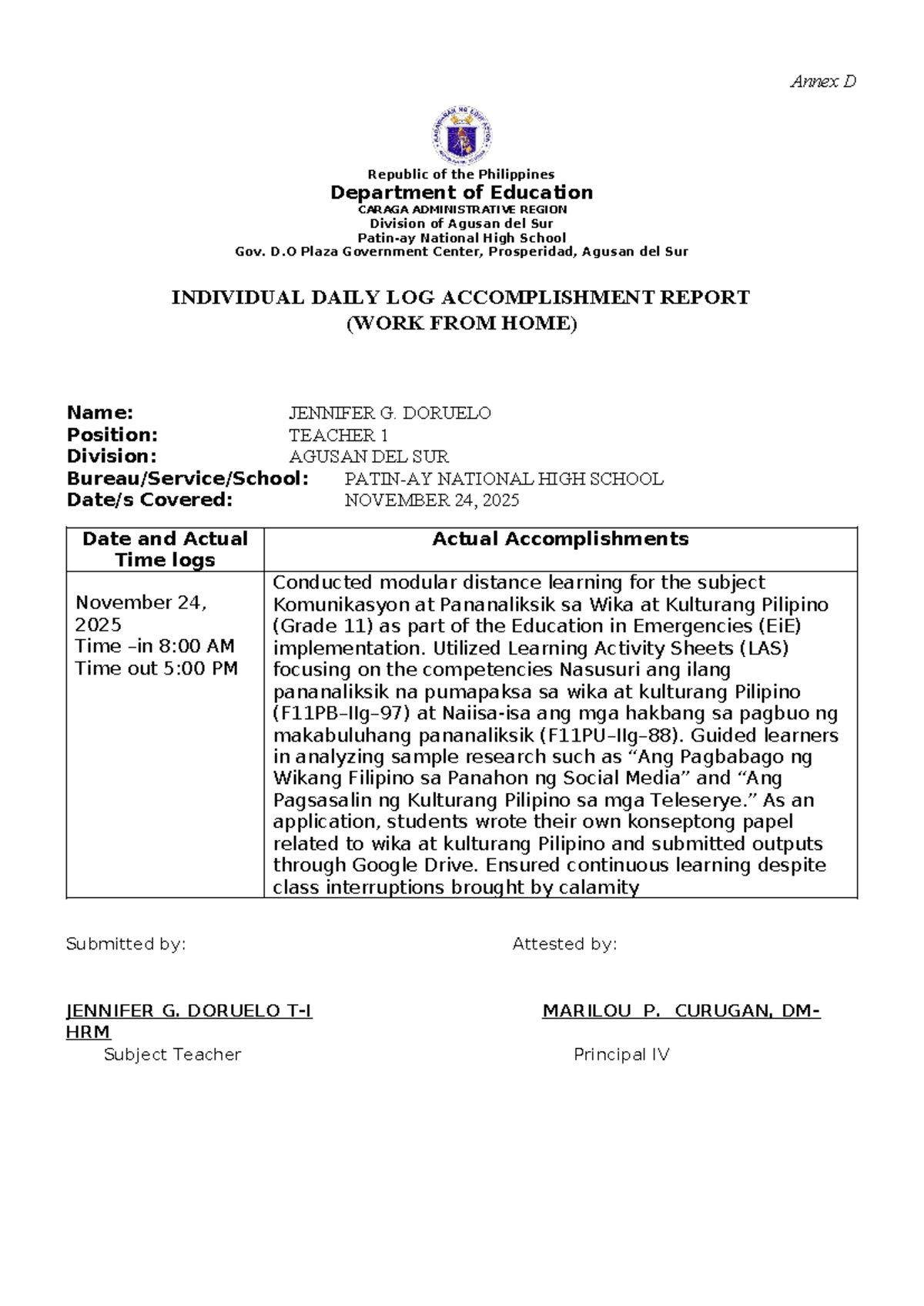 Individual Daily Log Accomplishment Report (IDLAR) - Nov 24, 2025 - Studocu