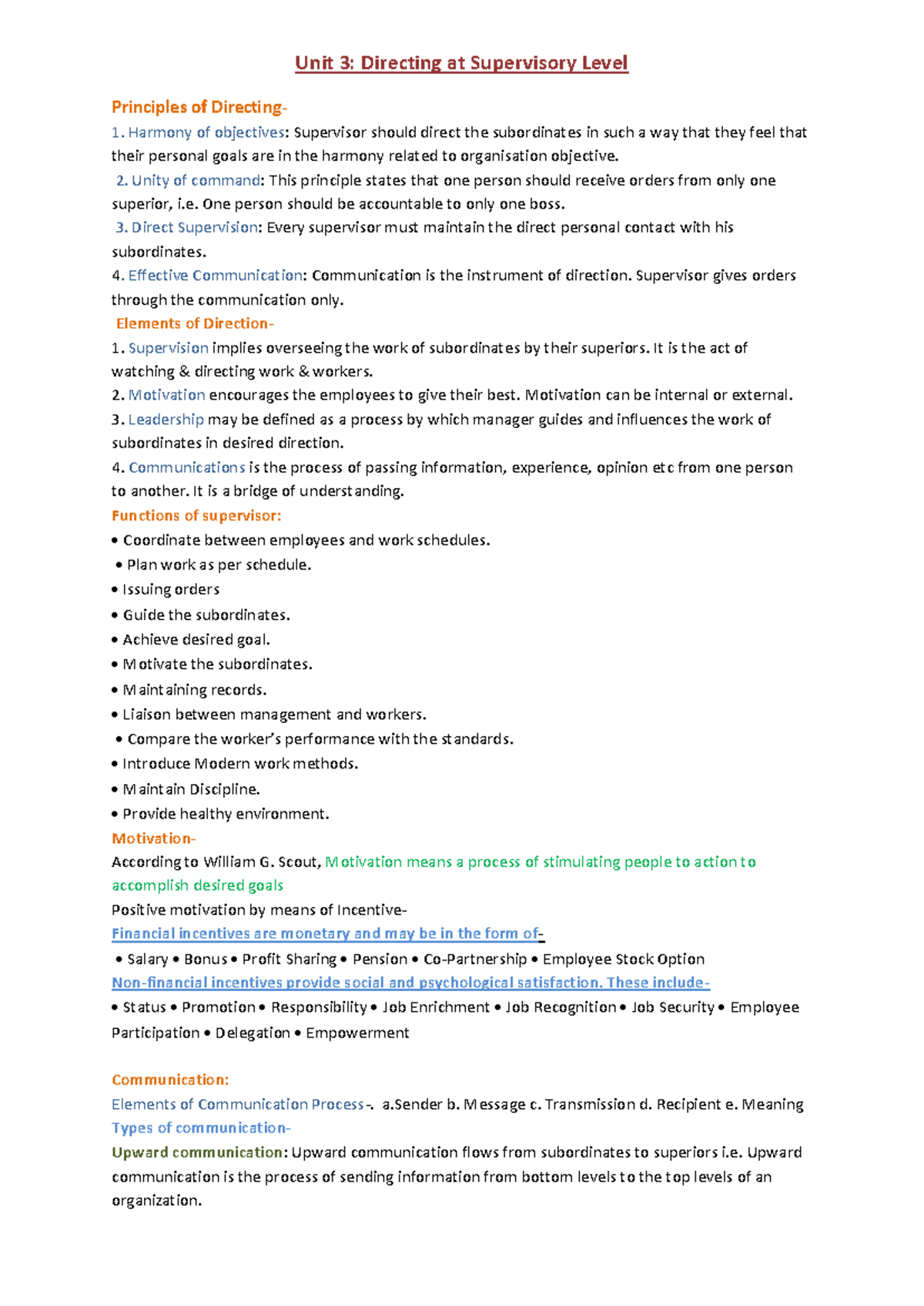 Management notes 3,4 and 5 chapter - Unit 3: Directing at Supervisory ...