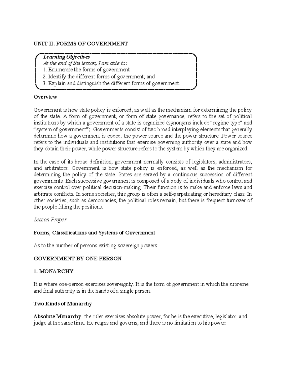 UNIT-II - social studies - UNIT II. FORMS OF GOVERNMENT Learning ...