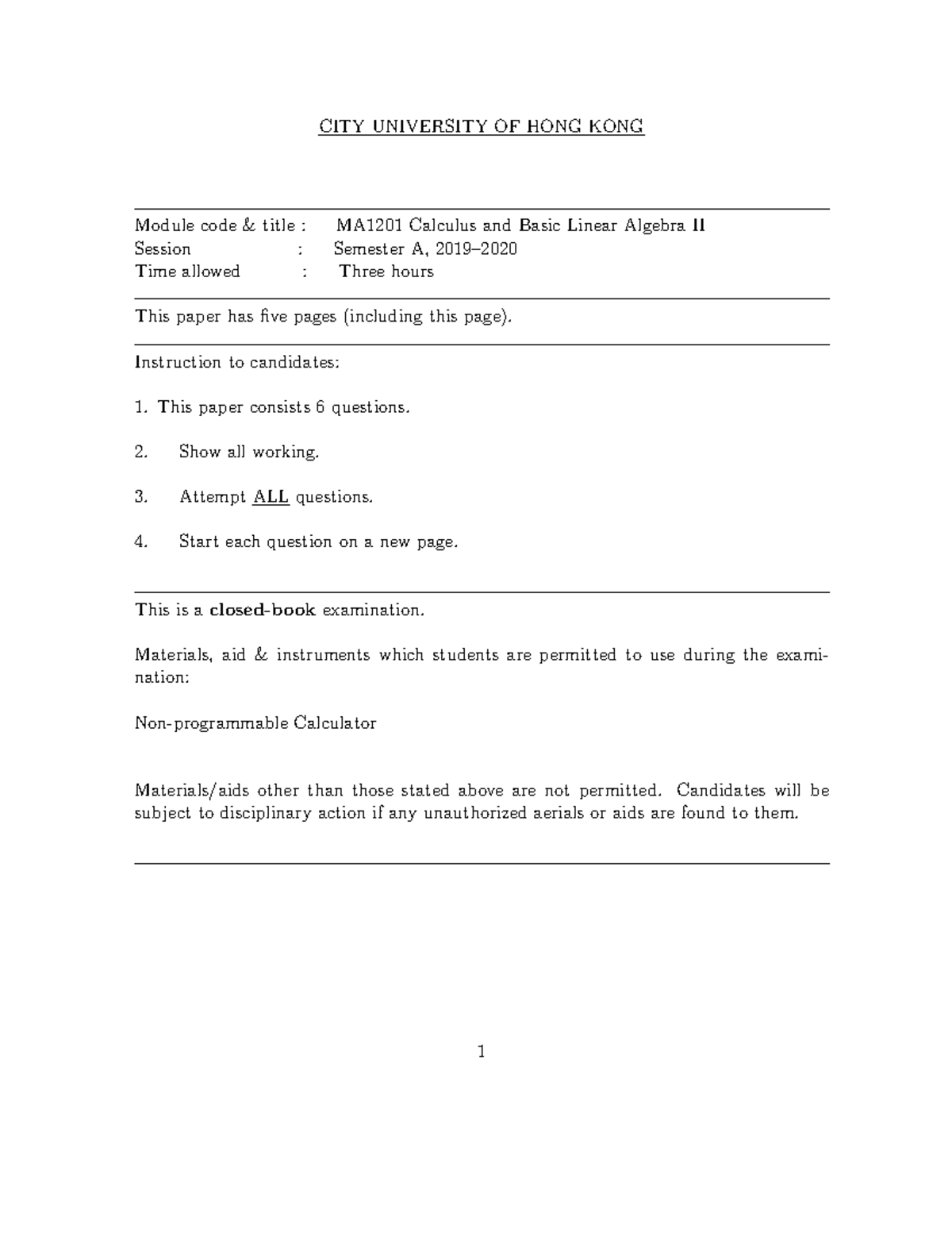MA1201 Final Exam: Calculus and Basic Linear Algebra II - Semester A ...