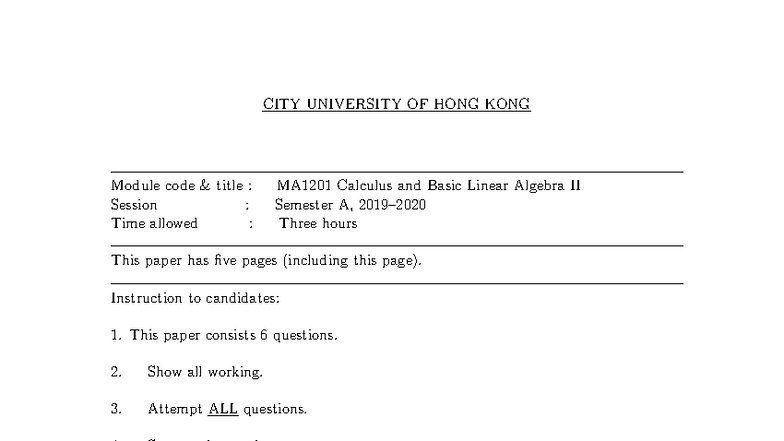 Ma1201 Final Exam Calculus And Basic Linear Algebra Ii Semester A