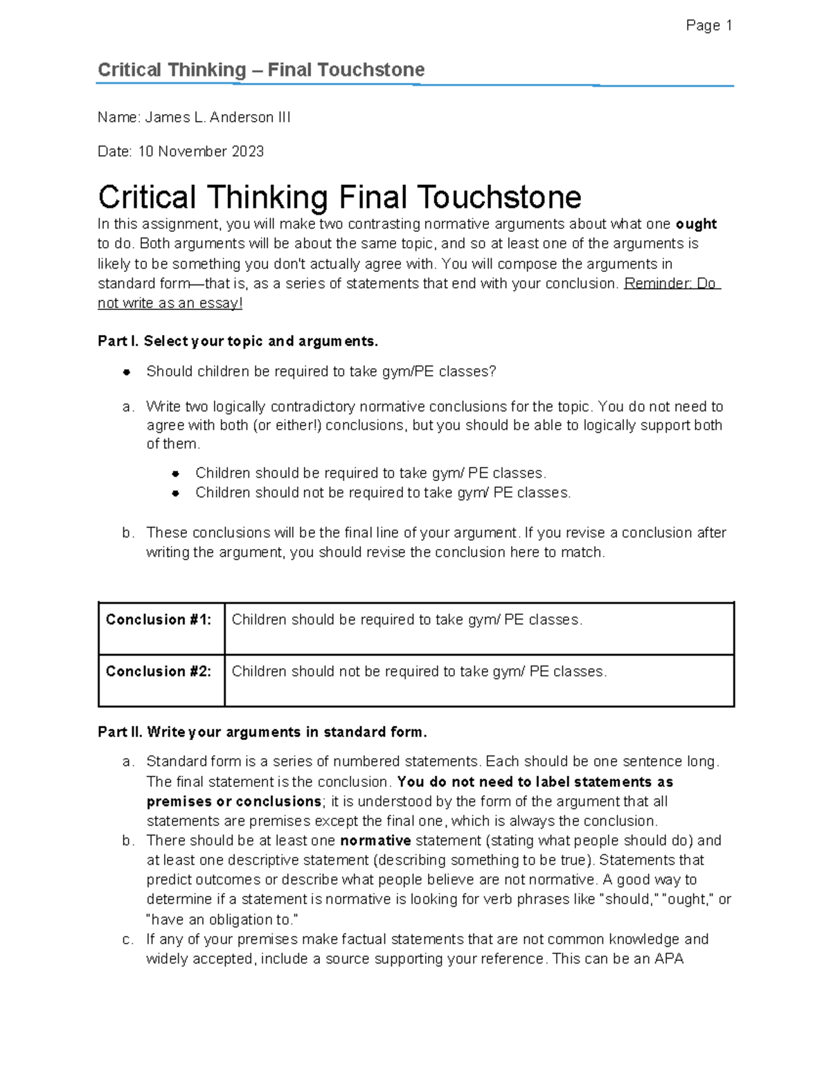 Critical Thinking Touchstone 4 - Critical Thinking – Final Touchstone ...