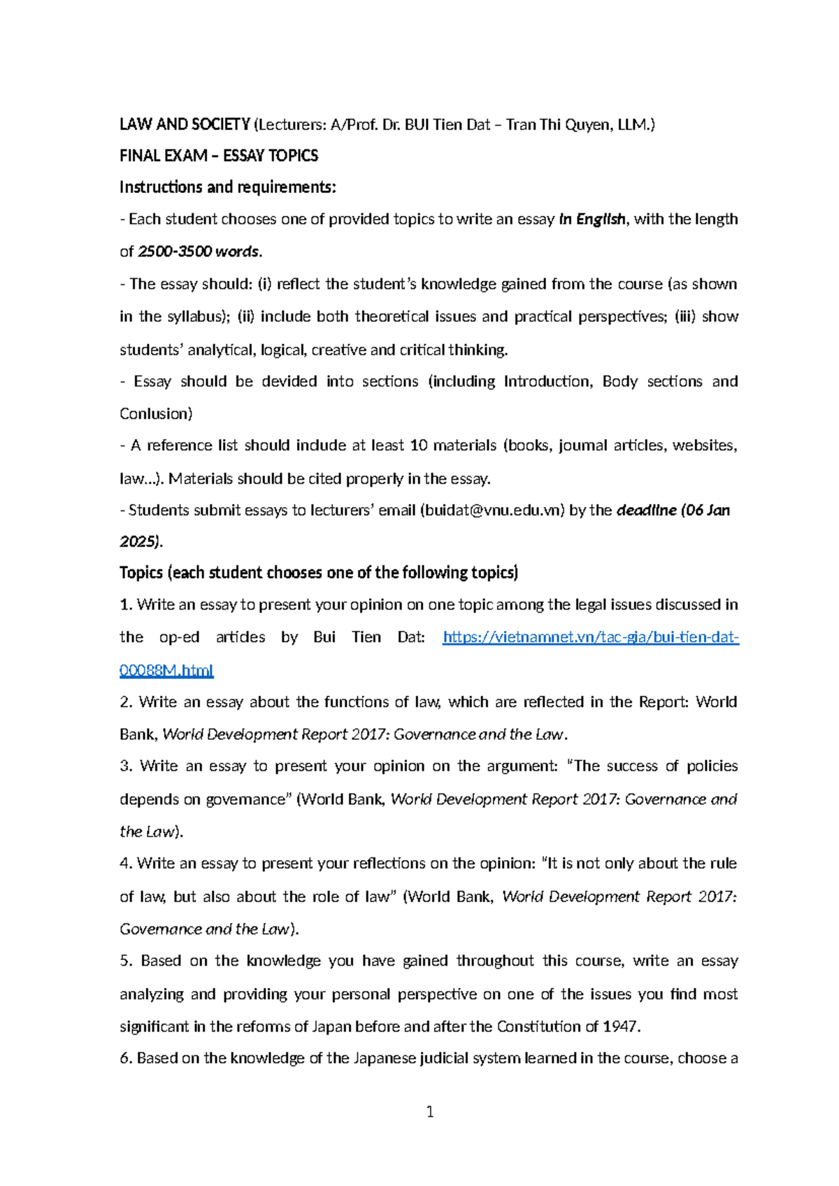 LAW AND SOCIETY (LAW 101) FINAL EXAM ESSAY TOPICS 2024 - Studocu