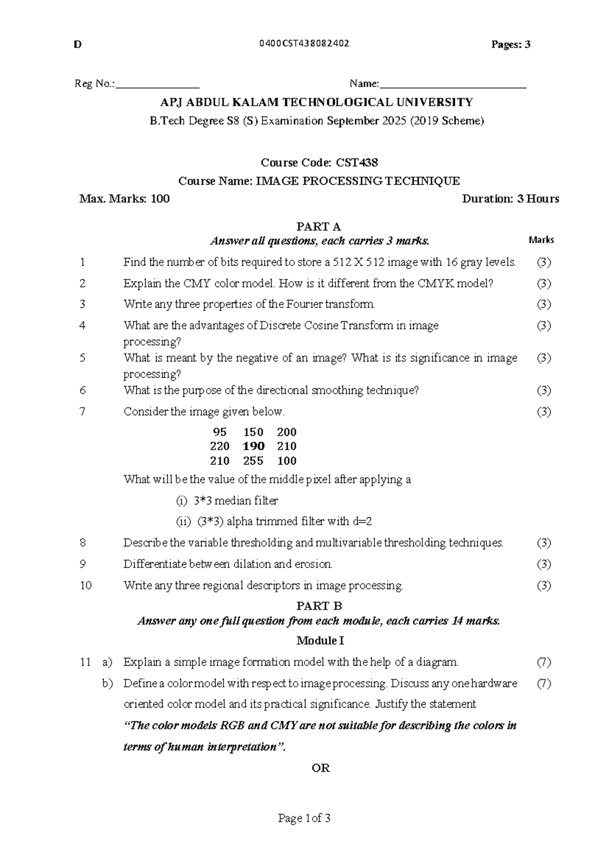 CST438-F - Image Processing Techniques Previous Year Question Paper ...