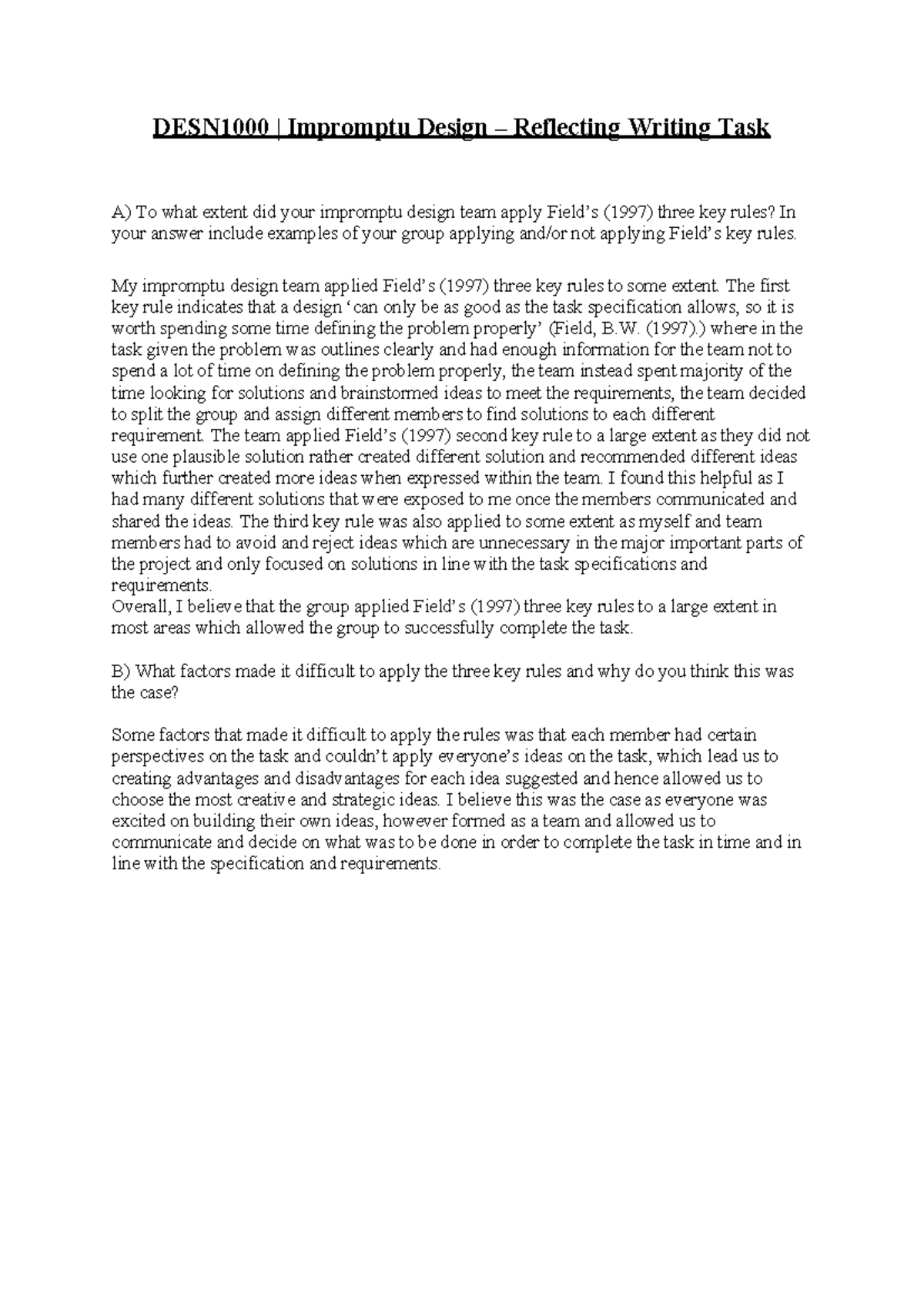 Impromptu Design Reflection Task: Application of Key Rules (1997) - Studocu