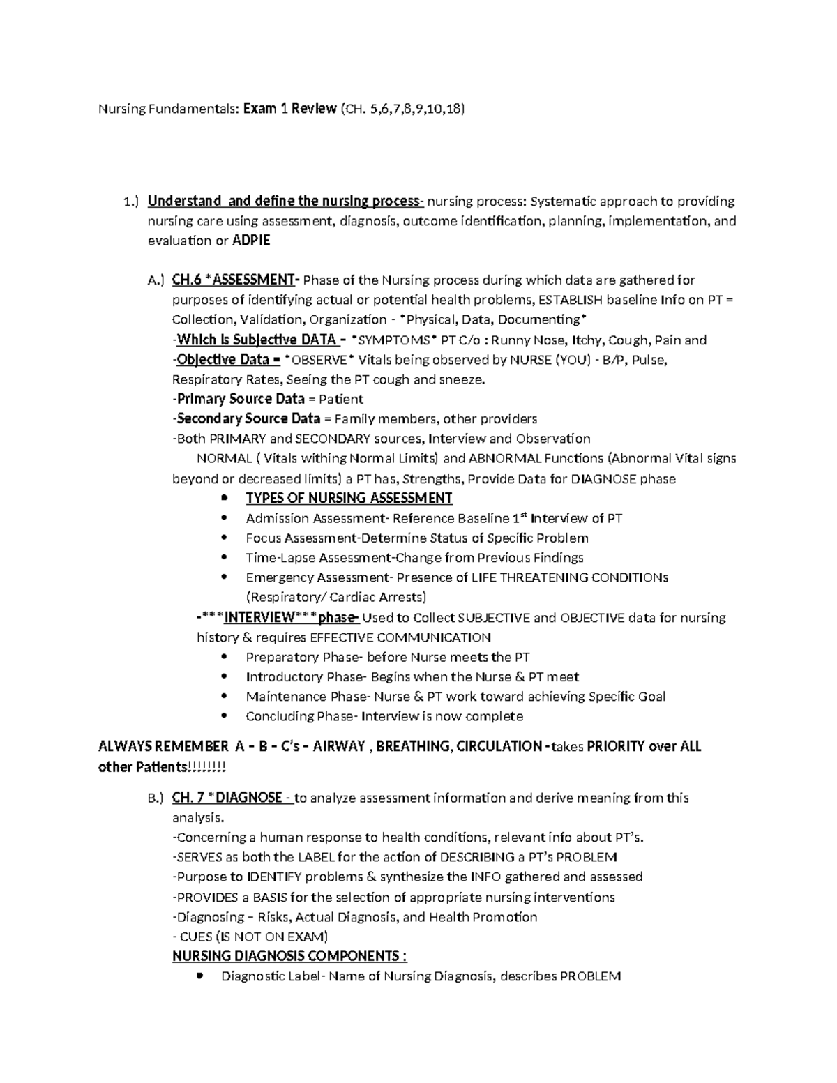 Nursing Fundamentals: Exam 1 Review (CH. 5-10) Study Guide - Studocu