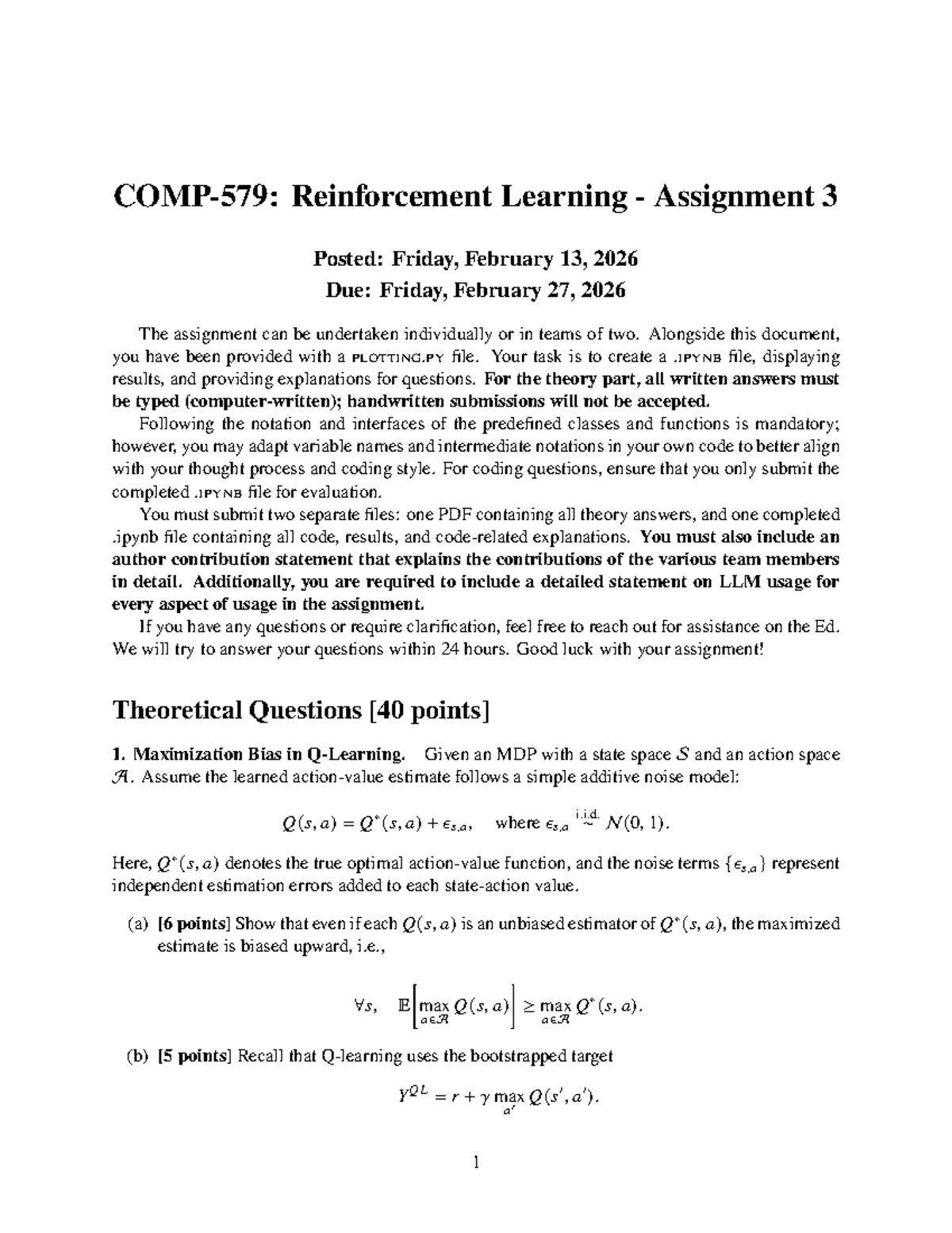 COMP 579 A3 2026 - Reinforcement Learning Assignment Details - Studocu