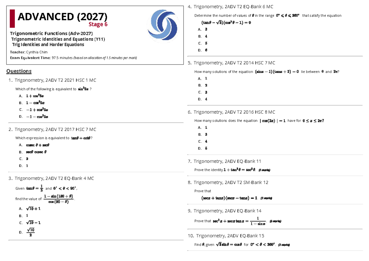 Advanced (2027) Y11 Trigonometric Functions: Identities & Equations ...