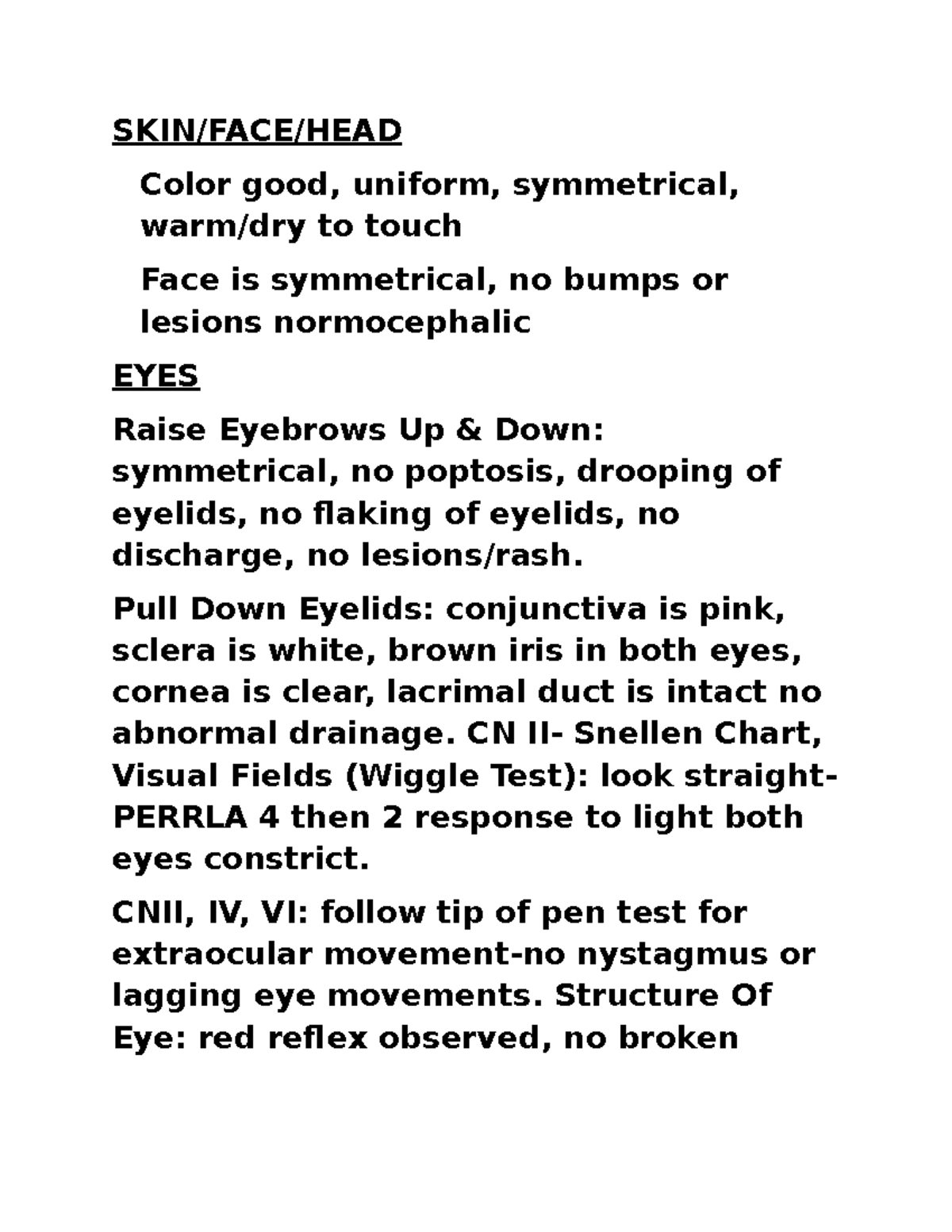Final Health assessment exam Head to toe normal findings - SKIN/FACE ...