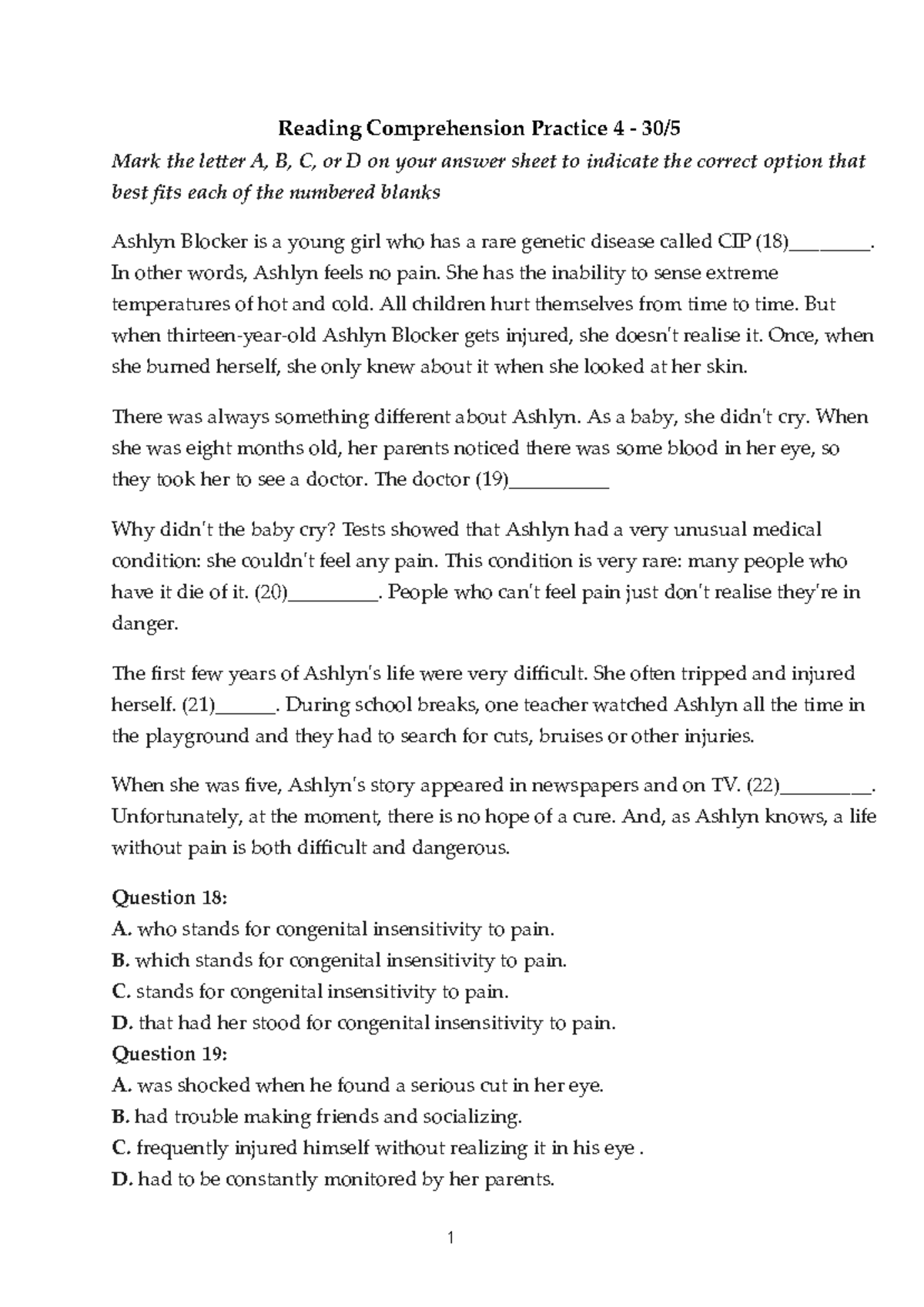 Reading Comprehension Practice: Ashlyn Blocker & Media Evolution - Studocu