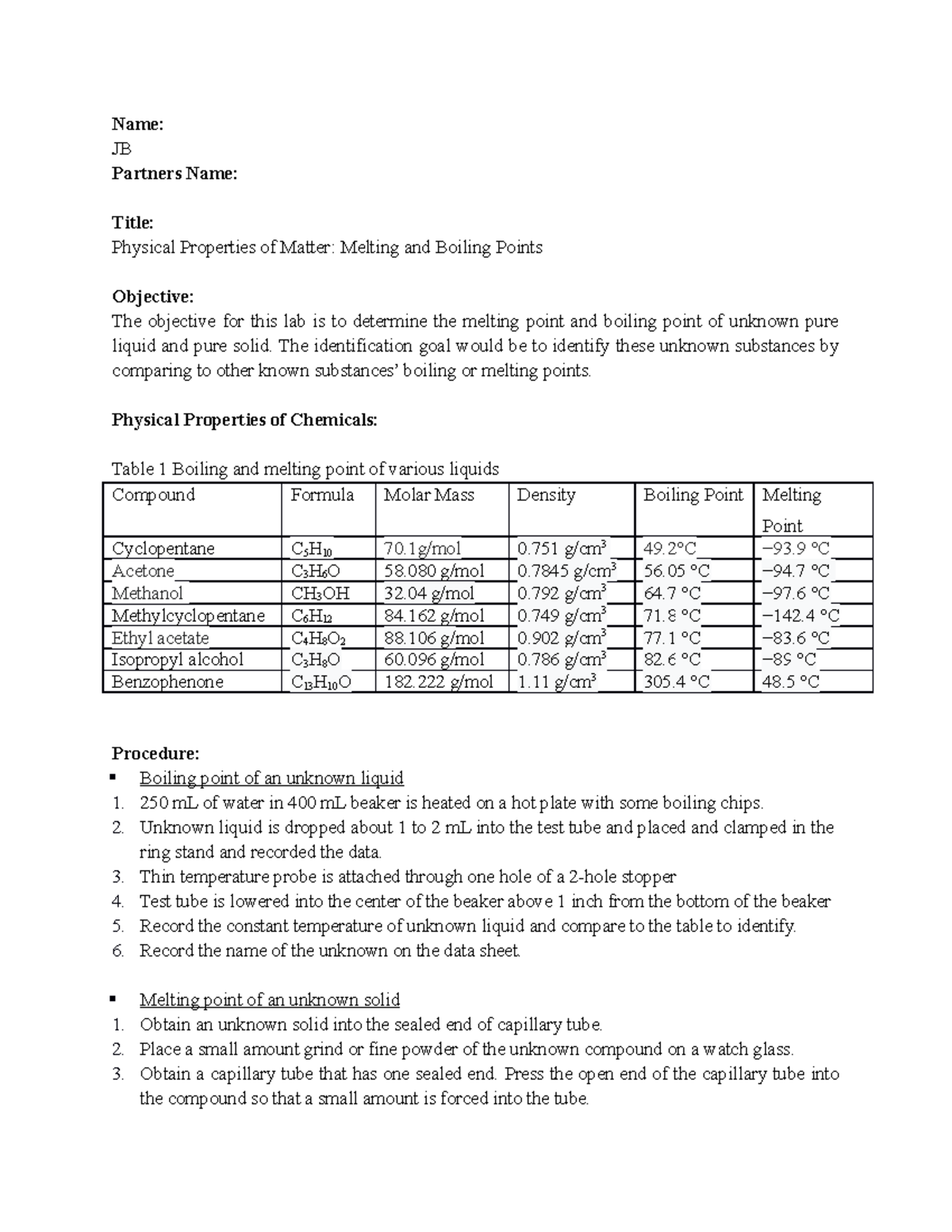 Chemistry Lab Report: Physical Properties of Matter (Chem 101) - Studocu