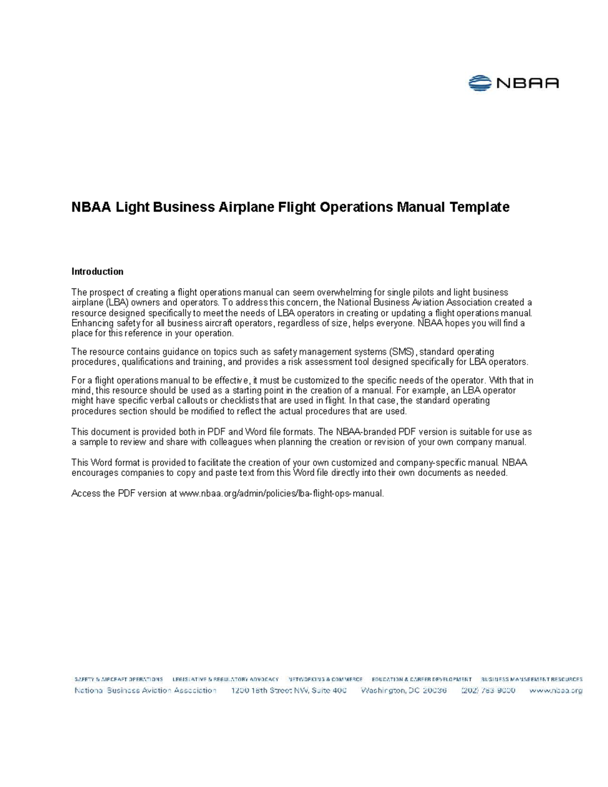 NBAA 202: Light Business Airplane Flight Operations Manual Template ...
