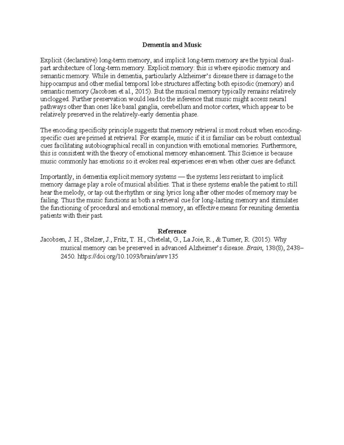 Week 6 Lecture: Dementia and the Role of Music in Memory - Studocu