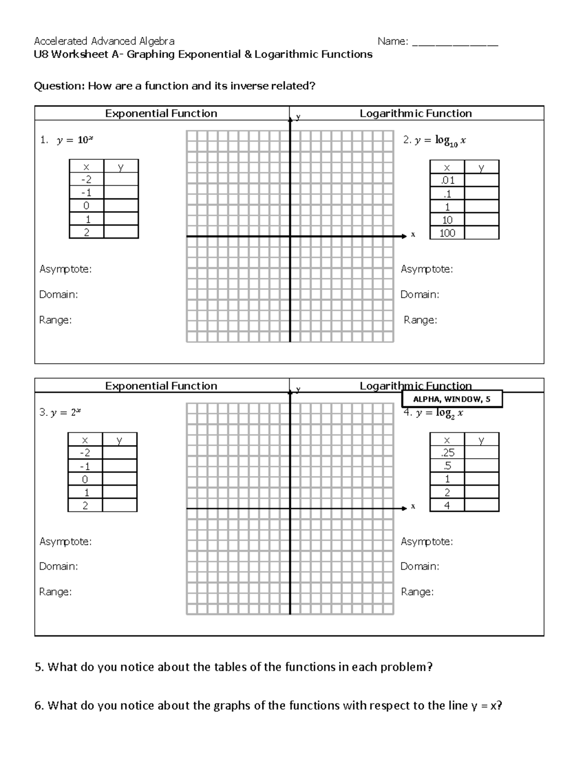 Accel. Adv. Alg U8 Worksheet: Graphing Exponential & Logarithmic ...