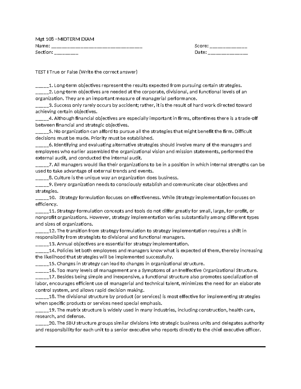 2024-108 Midterm - Exam - Mgt 108 –MIDTERM EXAM Name ...