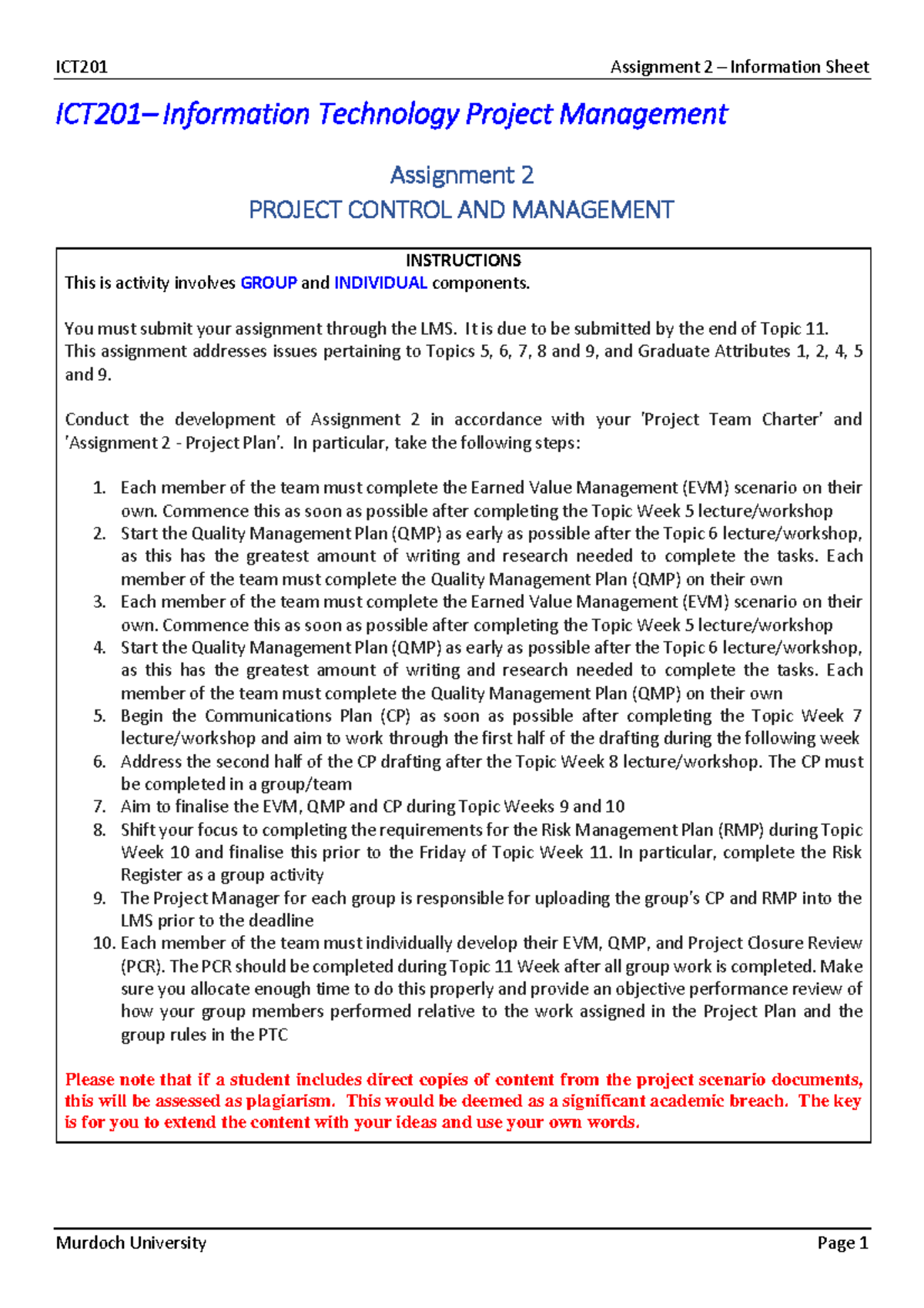ICT201 Assignment 2: Project Control & Management Guidelines - Studocu