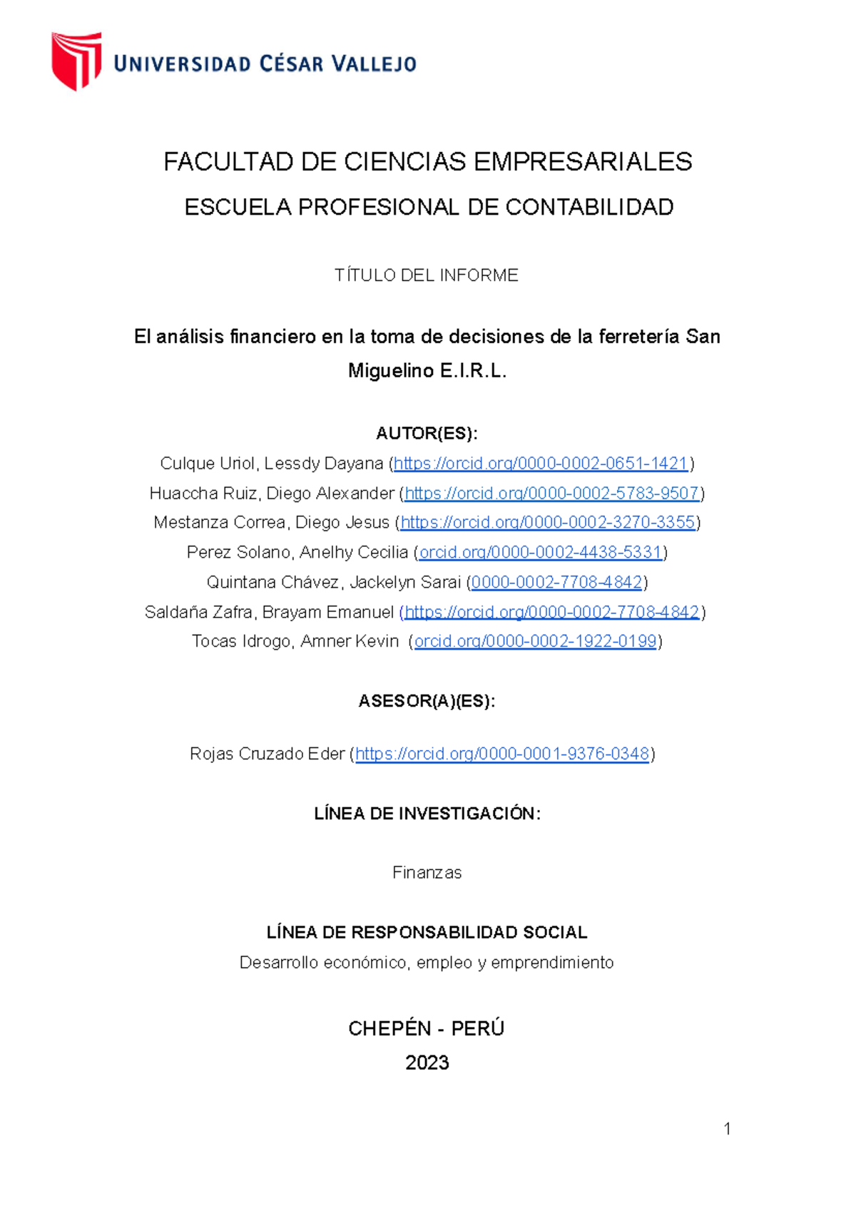 G°5 Finanzas - Informe sobre Análisis Financiero de Ferretería E.I.R.L. -  Studocu