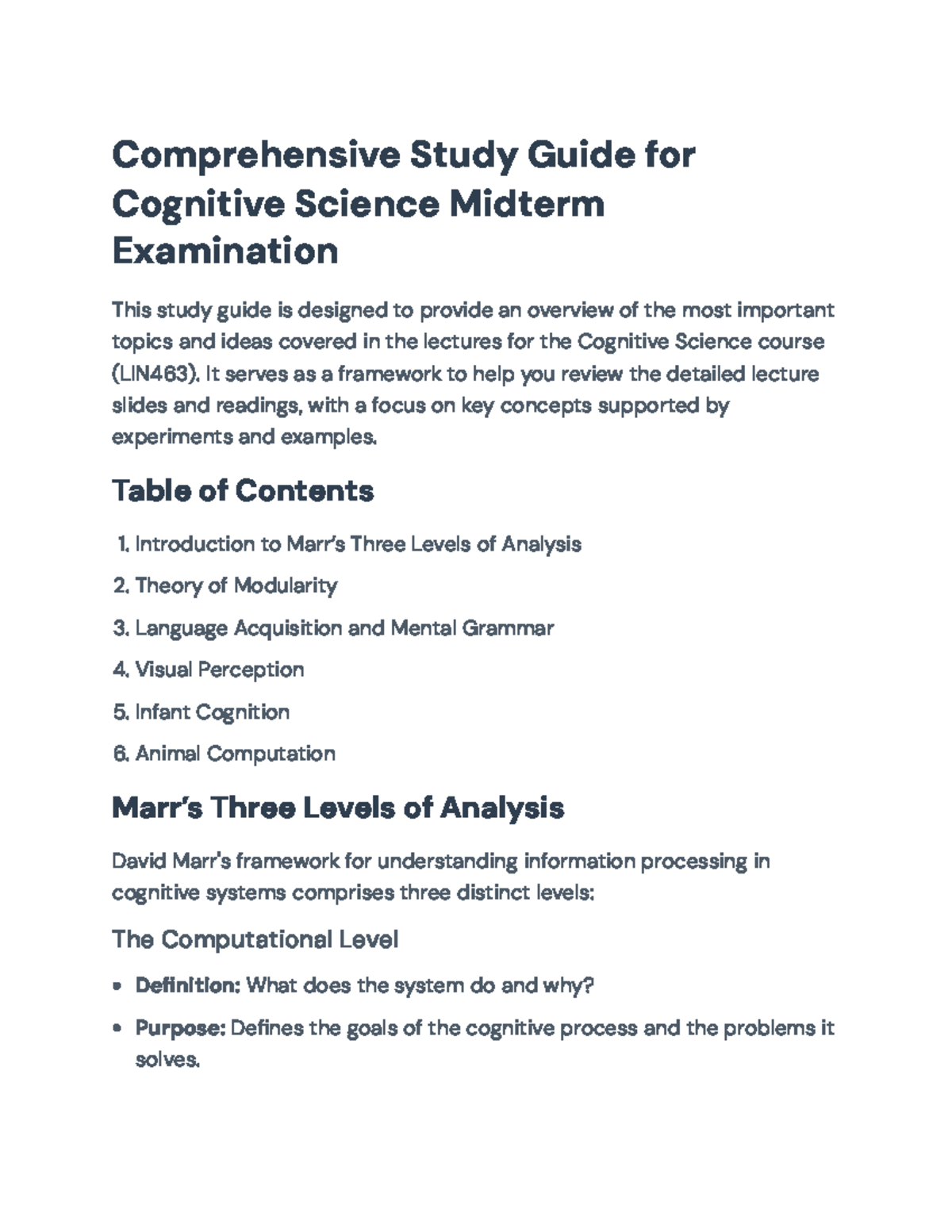Cognitive Science Midterm Study Guide (LIN463): Key Concepts and ...