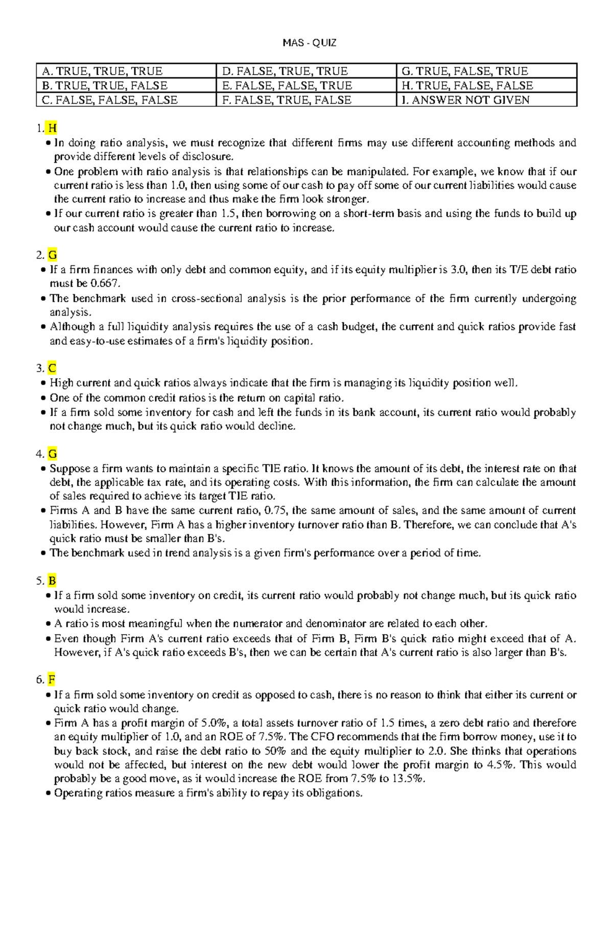 MAS BSA Ratio Analysis - Essential Notes & Concepts for Exam - Studocu