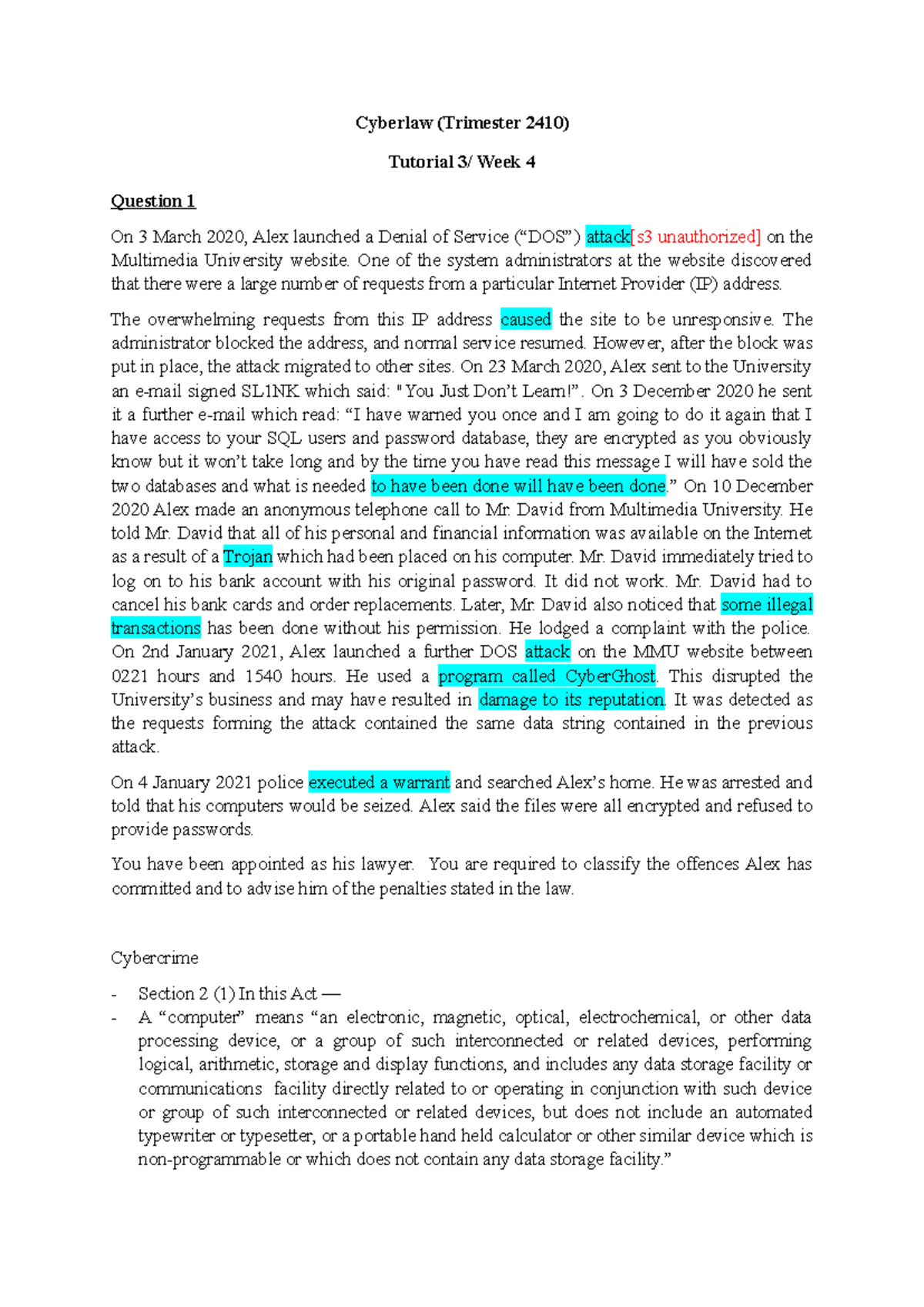 Cyberlaw (Trimester 2410) Tutorial Week 4: Analyzing Cybercrime Cases ...