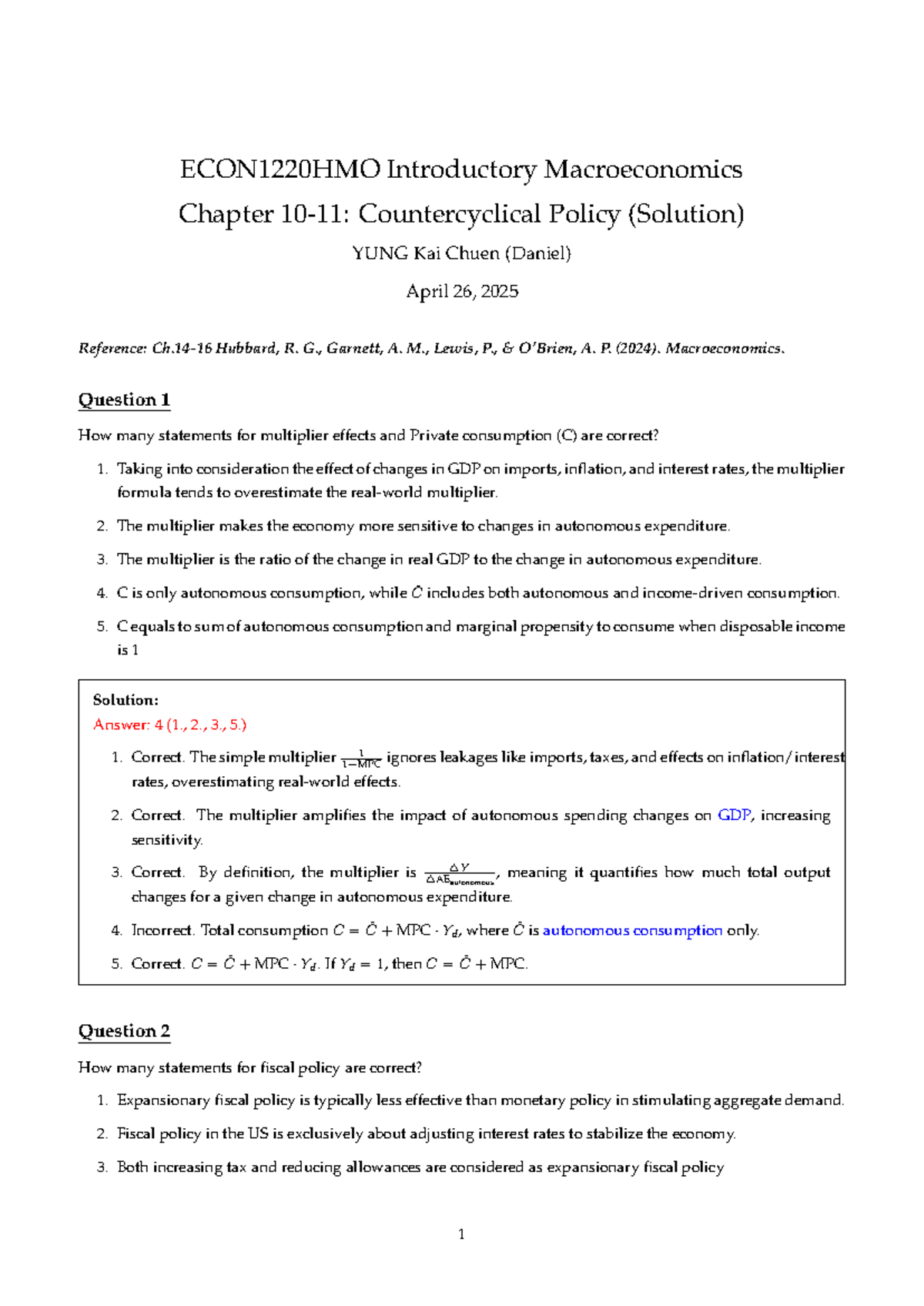 Tutorial Notes CH10 11 Detailed Solution - ECON1220HMO Introductory ...