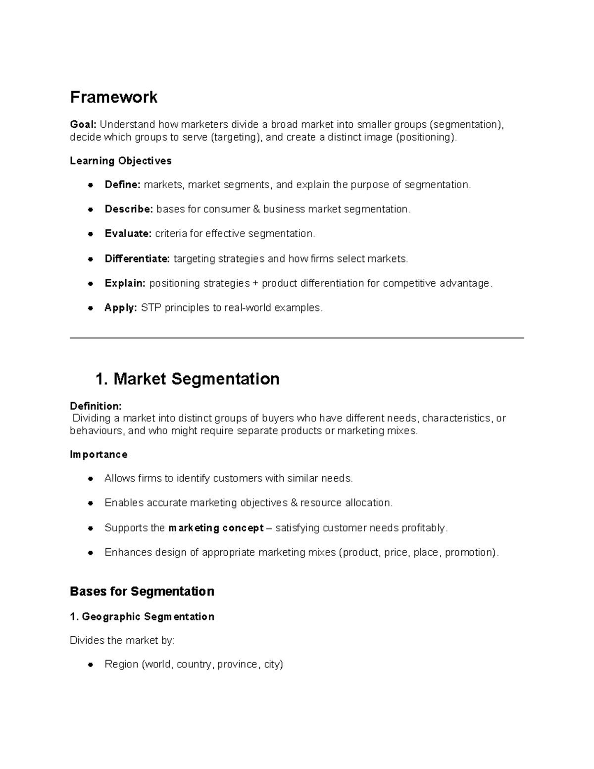 Marketing Week 6 Notes: Market Segmentation Lecture (MKT 101) - Studocu